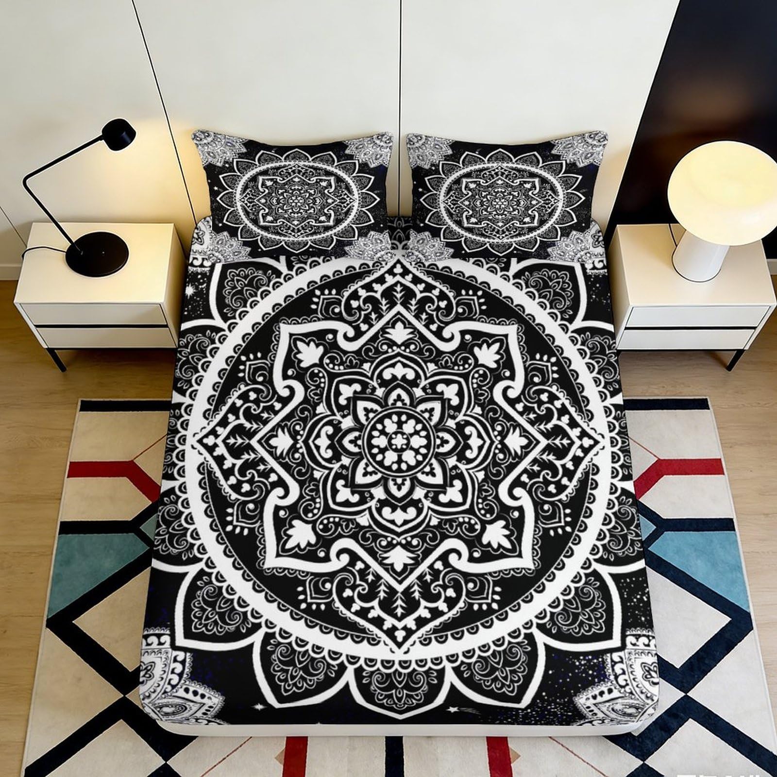 3D Printed Mandala Fitted Sheet Microfiber Deep Pocket Non-Slip Mandala Mattress Fitted Cover for Bedroom 140x200x25cm
