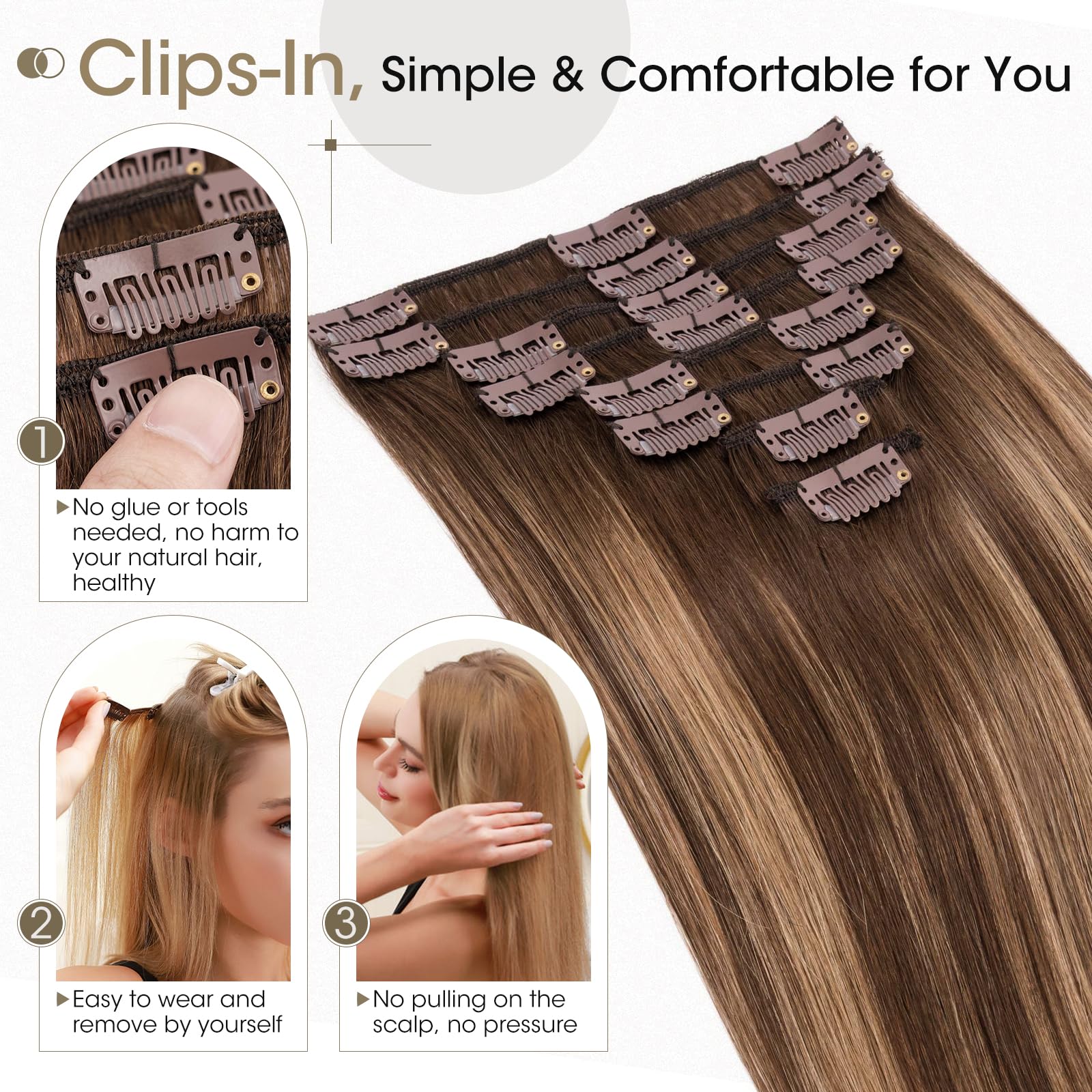 Elailite Real Hair Clip in Hair Extensions 100% Human Hair Remy Natural Hair Extension - Image 4