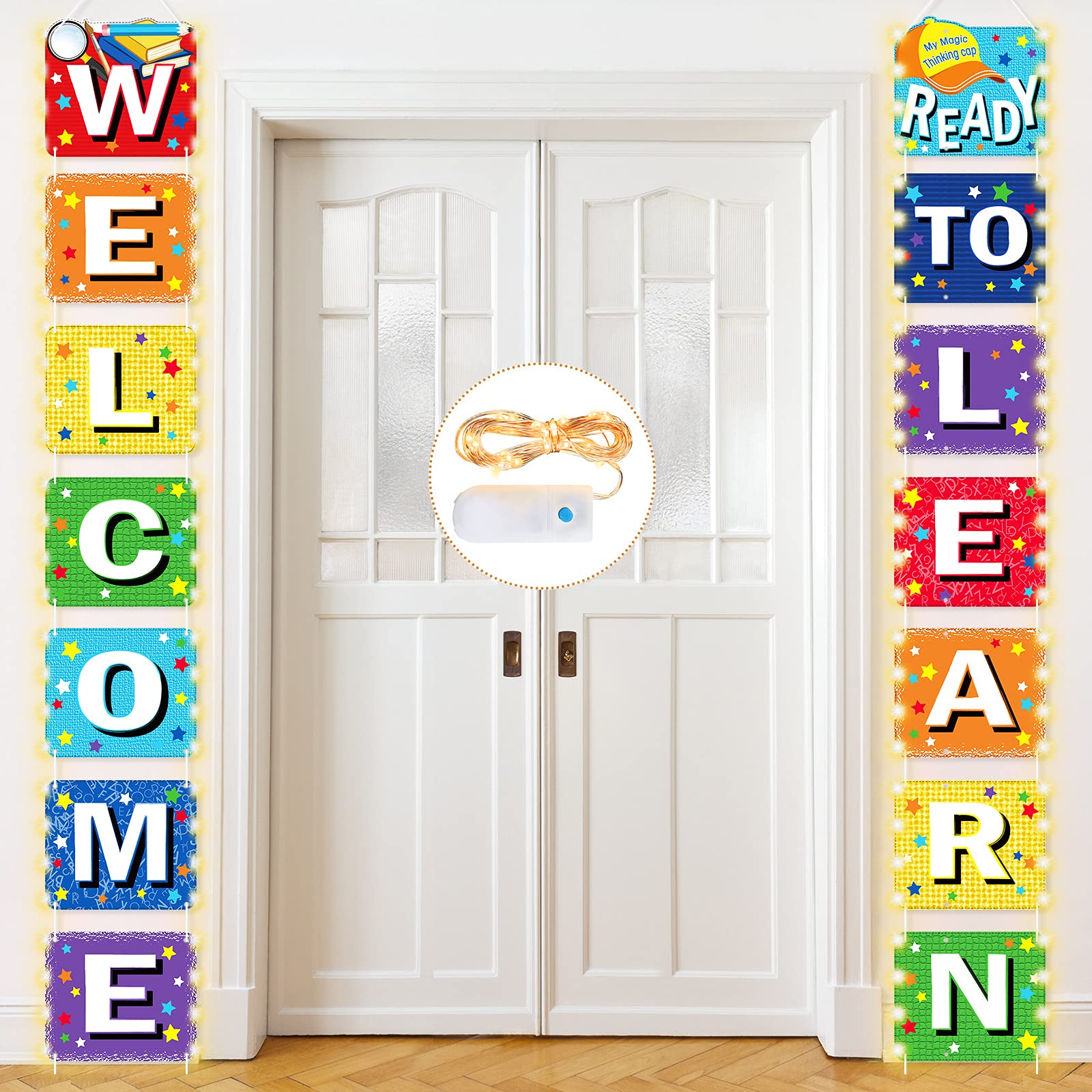 Harloon Welcome Back to School Banner First Day of School Banner Porch Sign LED String Lights Ready to Learn Hanging Door Banner for Classroom Photo Background Kindergarten Preschool High School Decor