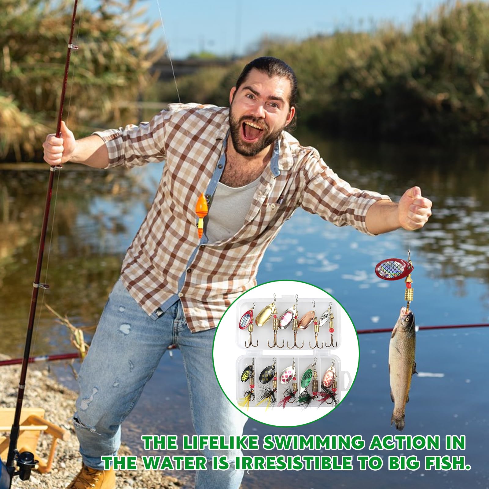 10 Piezas Señuelos Pesca Artificial Señuelos Spinning Cebo Señuelos de Pesca Cucharillas de Pesca Kit de Metal con Ganchos y Caja para Trucha Perca Lucio Salmón Bass