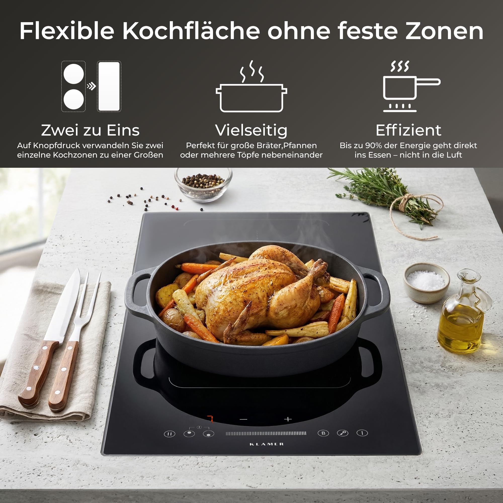 KLAMER Induktionskochfeld 30 cm, 2 Zonen mit 1 Flexzone, 3500 Watt, Boost Funktion, 9 Leistungsstufen, Timer 99 min, Kindersicherung, Kratzfeste Glasoberfläche - 4