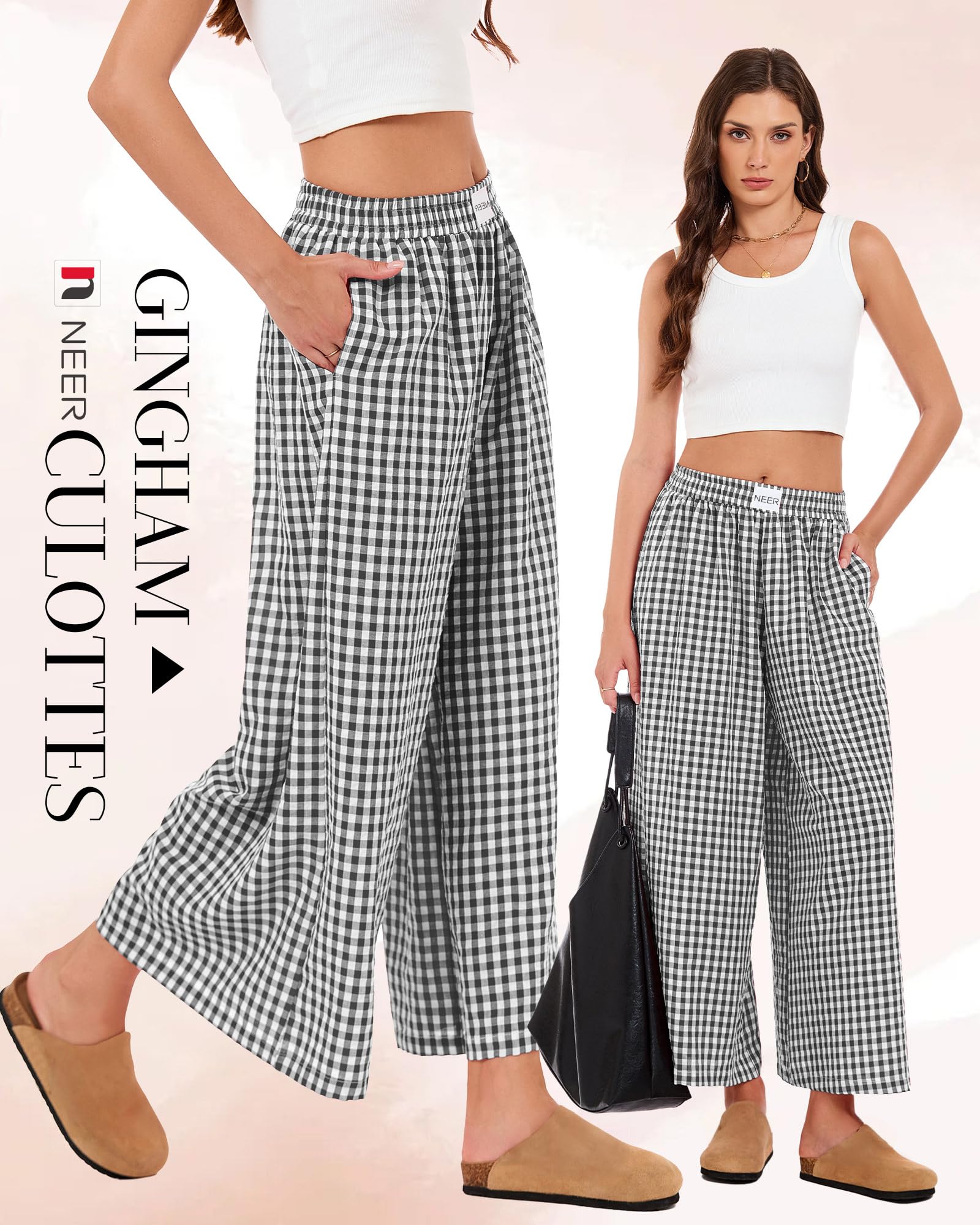 Neer Damen Culottes Gingham-Hose Oversize-Passform weites Bein, elastischer Bund Palazzo-Hosen im Casual-Stil mit Taschen