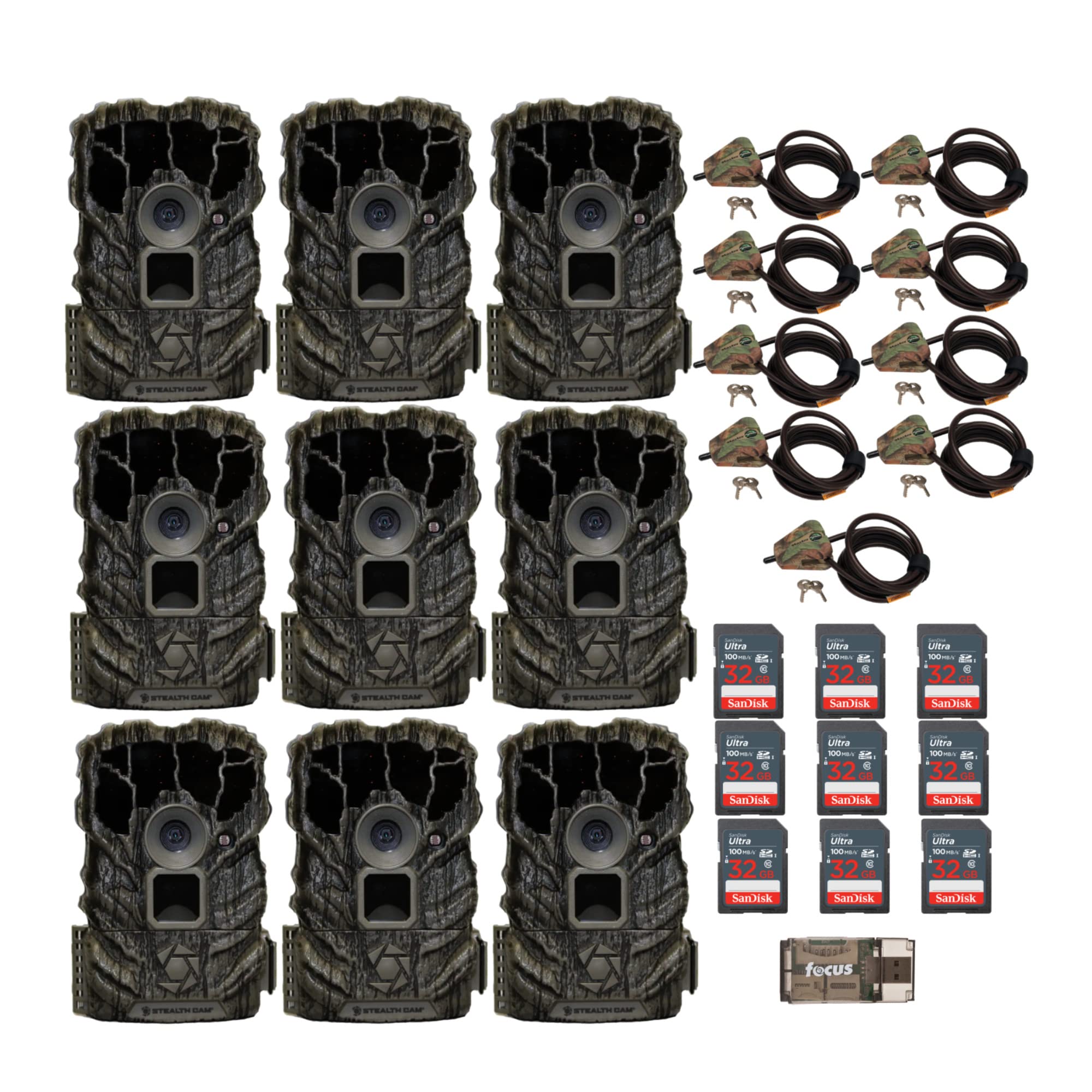 Stealth Cam Browtine 14MP Camera (9-Pack) Bundle with Locking Cable (9-Pack), 32GB Memory Card (9-Pack) and Card Reader (22 Items)