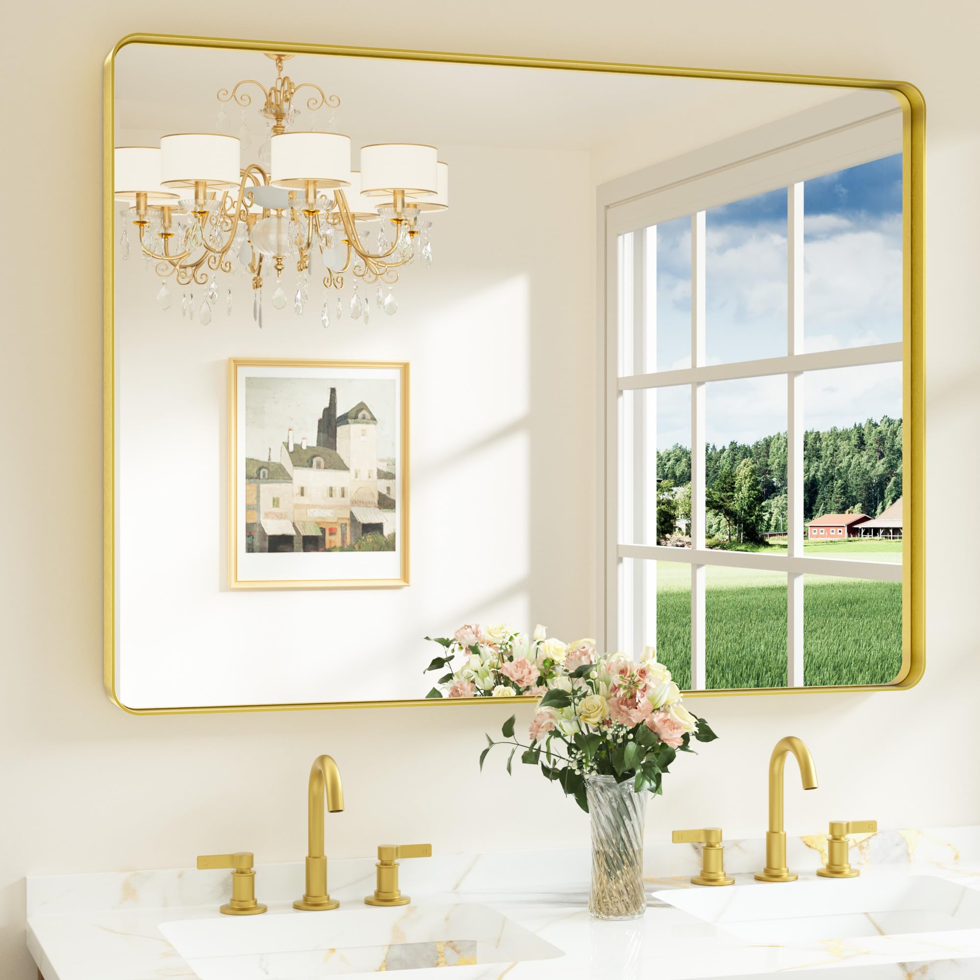 Keonjinn 48 x 36 Inch Brushed Gold Bathroom Vanity Mirror, Tempered Glass