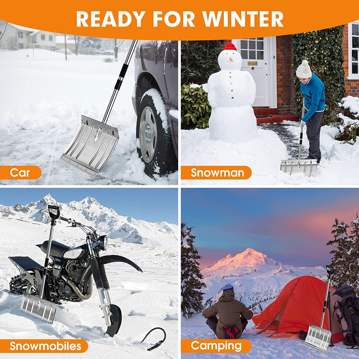 Pala de Nieve de Aluminio, 42 * 32cm Pala Quita Nieve con Borde Reforzado de Acero Inoxidable y Aluminio con Mango en D
