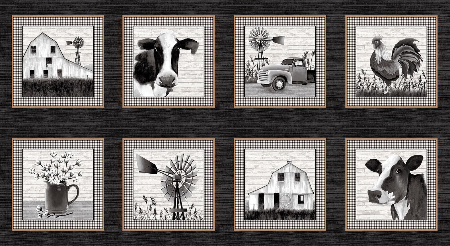 Studio E Buttermilk Farmstead Block Panel Black Cotton Fabric by Panel