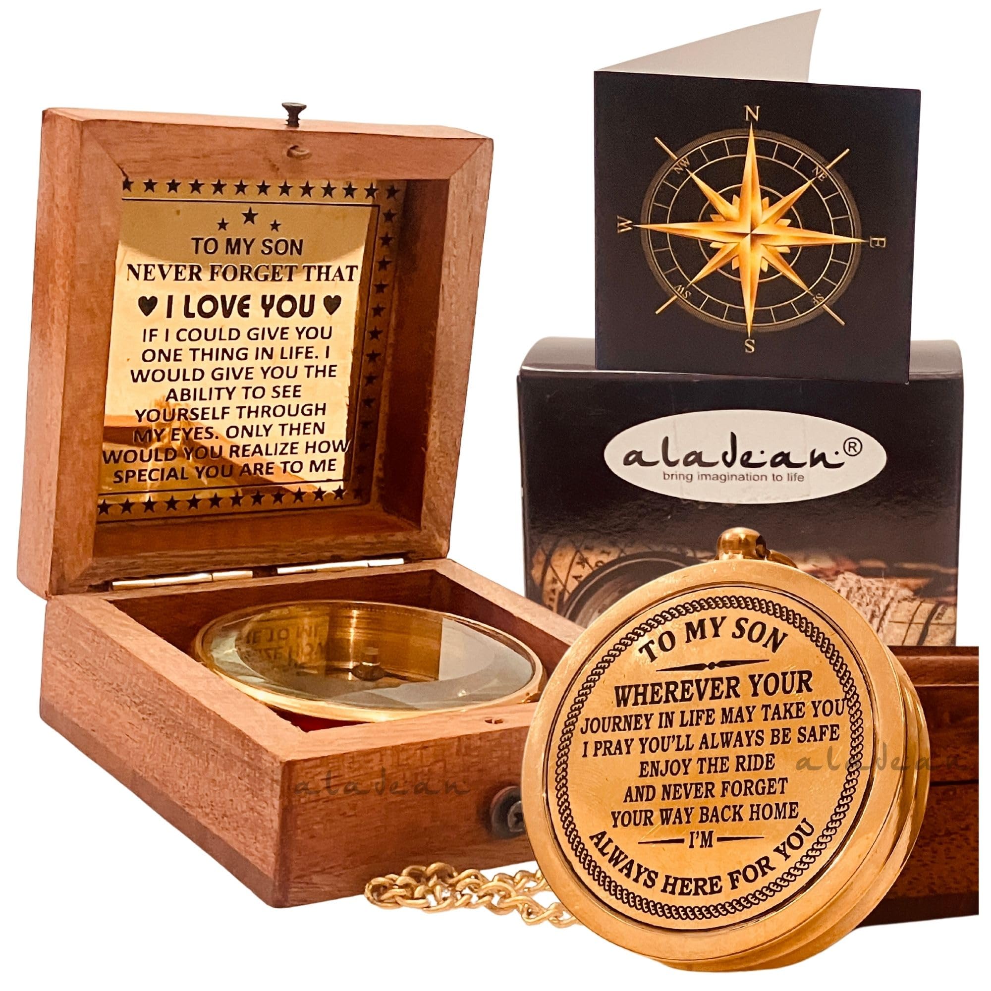 Divine Path Finder Boussole gravée « To My Son » dans une boîte en bois, faite à la main, cadeau de maman à fils, cadeau papa à fils