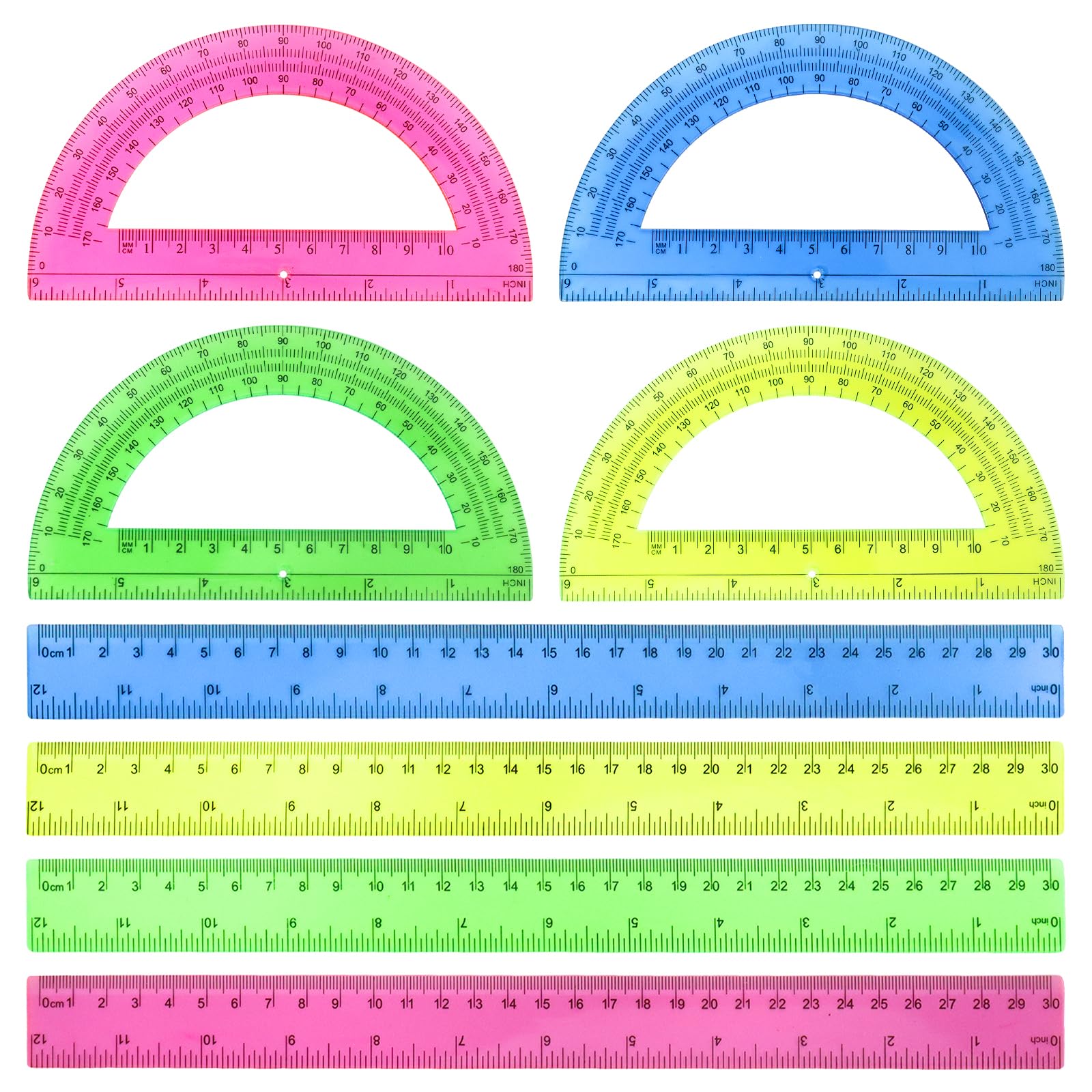 8pcs 6in Plastic Protractor with 12in Plastic Ruler Set,Clear Protractor Clear Ruler Math Geometry Protractor Ruler Set Student Classroom Protractor with Ruler,Transparent Protractor for School