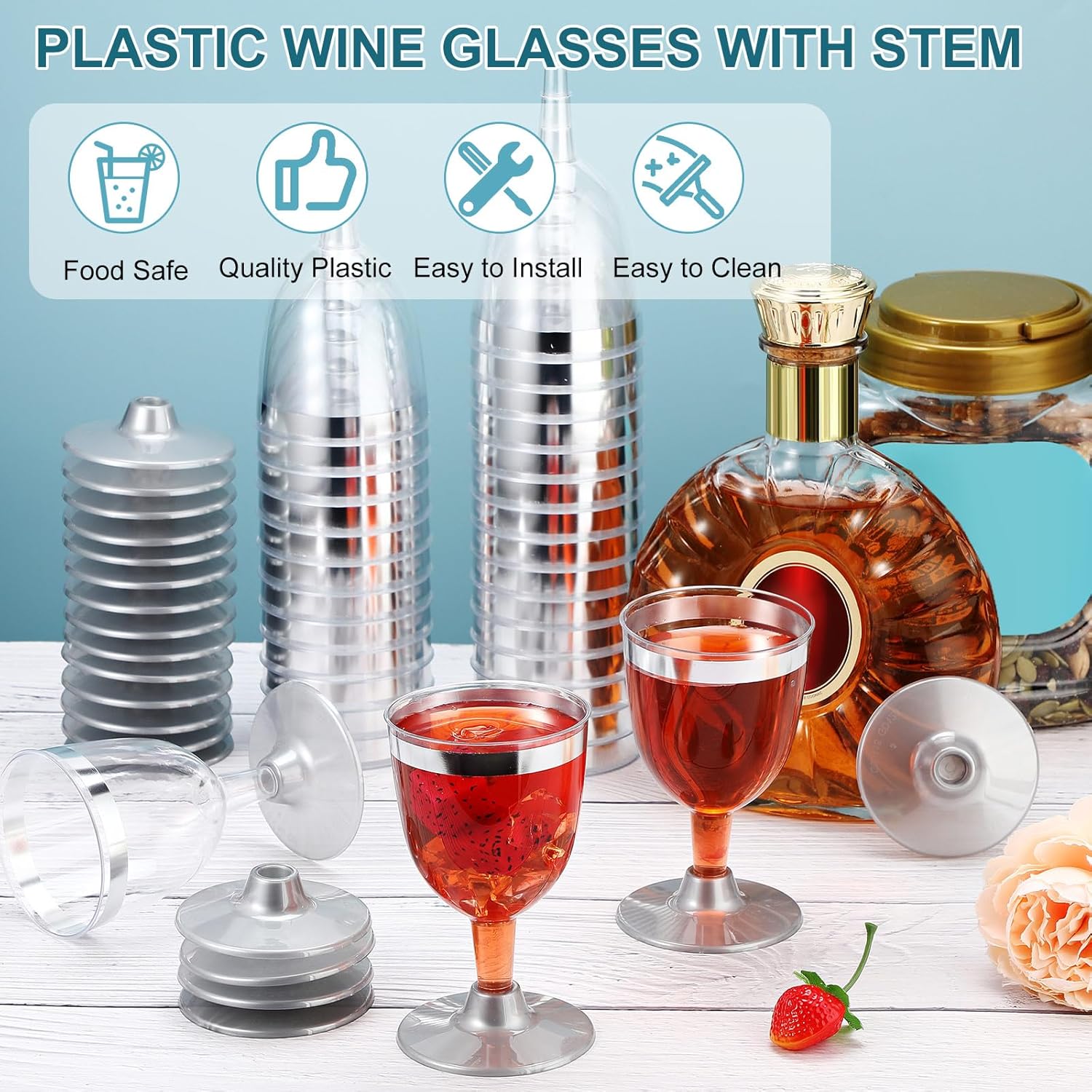 48 Pcs Disposable Plastic Wine Glasses 6 oz Party Wine Cups Hard Plastic Drinking Glasses with Stem Stackable Stemmed Goblets for Champagne Dessert Wedding Home Toasting(Silver Rim) - Image 4