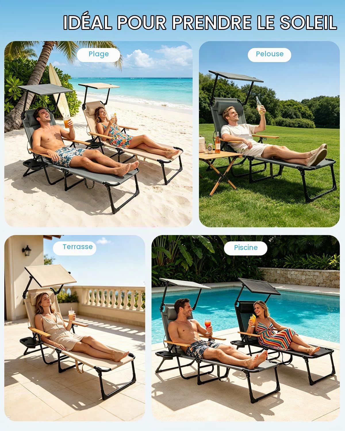 Chaise Longue Pliable avec Dossier Réglable à 4 Positions, Transat Bain de Soleil avec Accoudoirs en Bois, Bain Soleil pour Balcon Jardin Piscine et Plage, Charge Max 150 kg (Gris avec Pare Soleil)