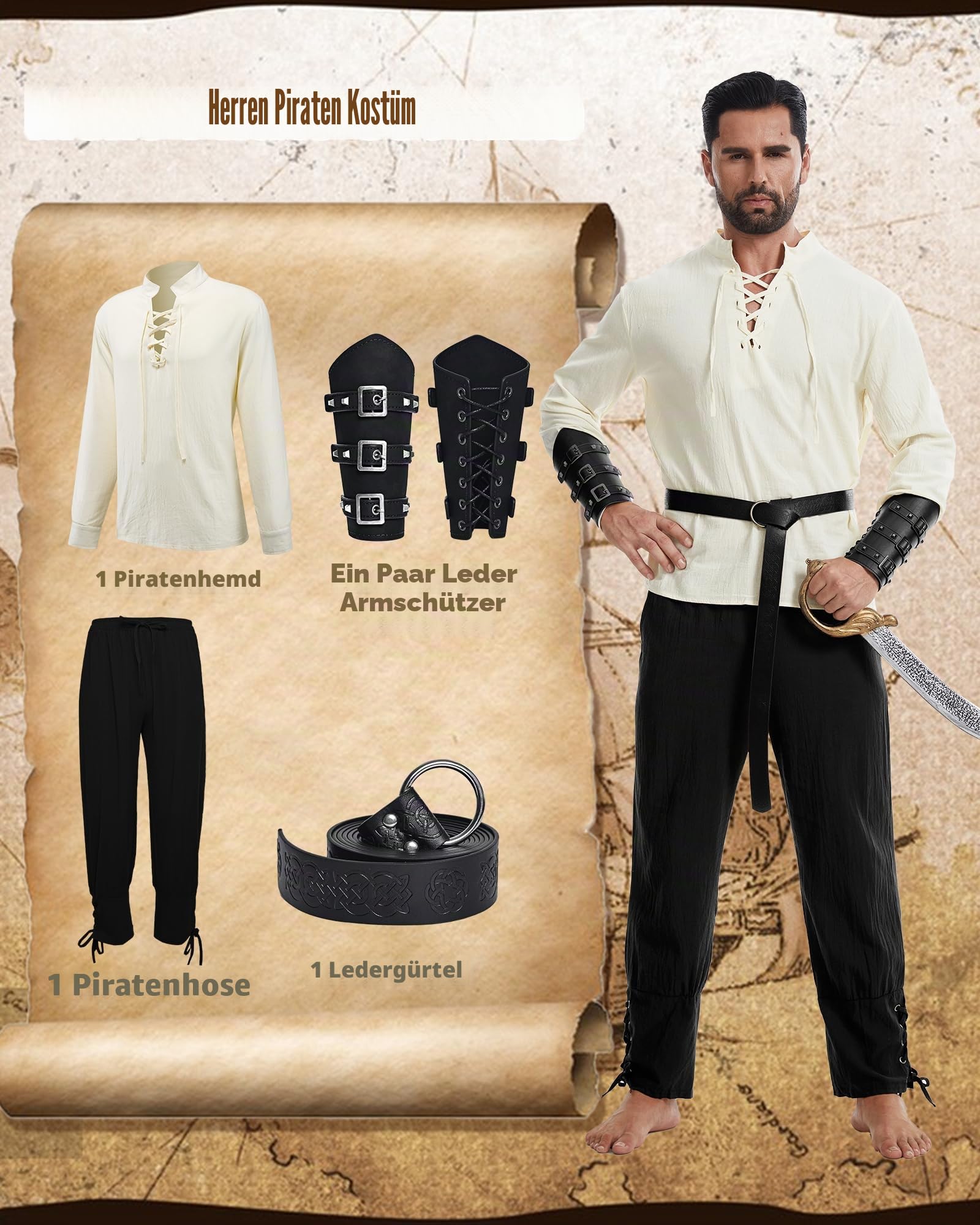Mittelalter Hemd Viking Kostüm Herren,5 Stück Renaissance Kostüm Set Hose mit Zubehör, für Halloween Karneval Pirat Cosplay (Beige/Schwarz-02, L)