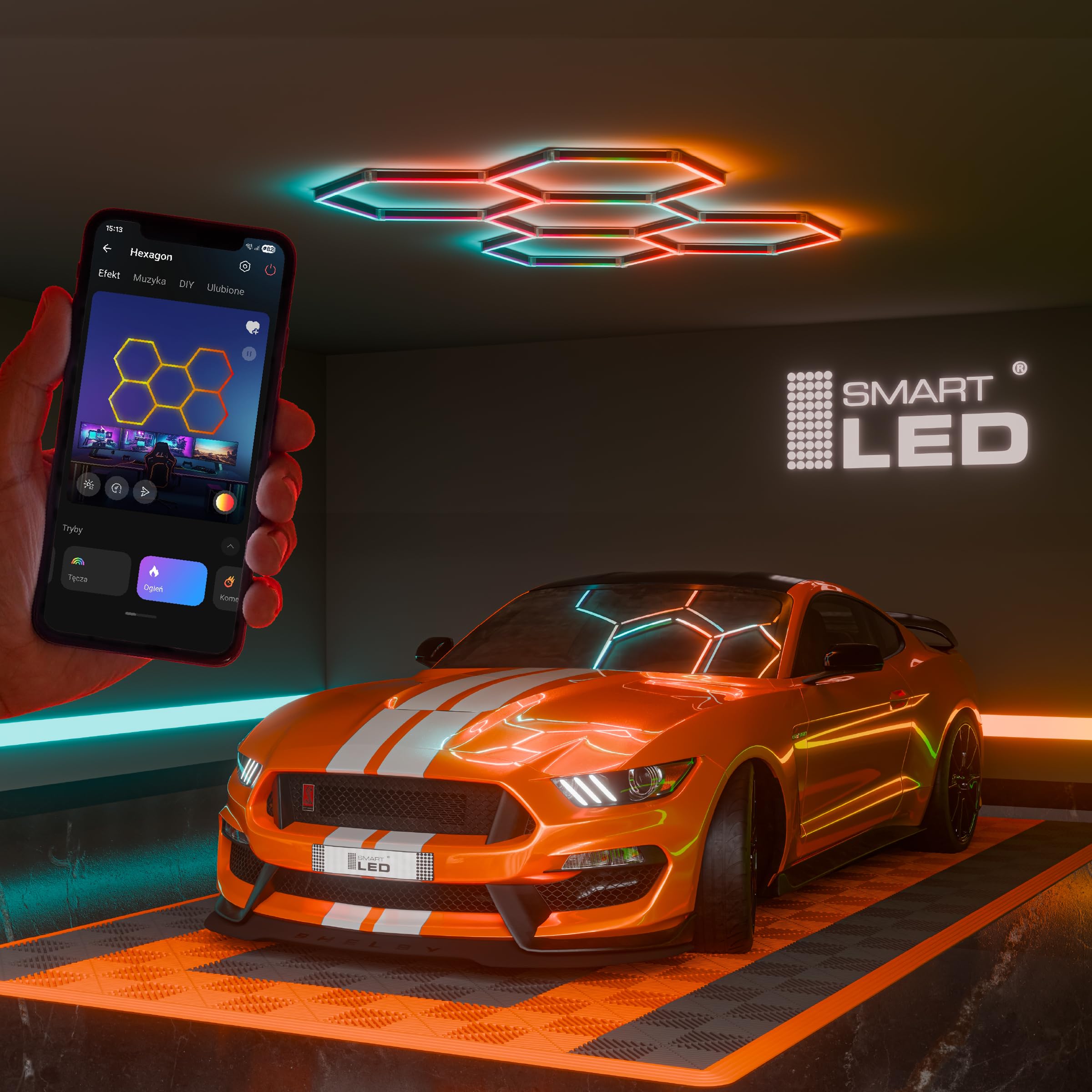 Hexagon LED Deckenlampe 205x142 cm – 24er Set Werkstattbeleuchtung 144W 16560lm – RGB – IP54 flimmerfrei – LED Garagenbeleuchtung, Tattoo, Detailing, Schwarz, APP, (205 x 142CM, RGB, 144W)