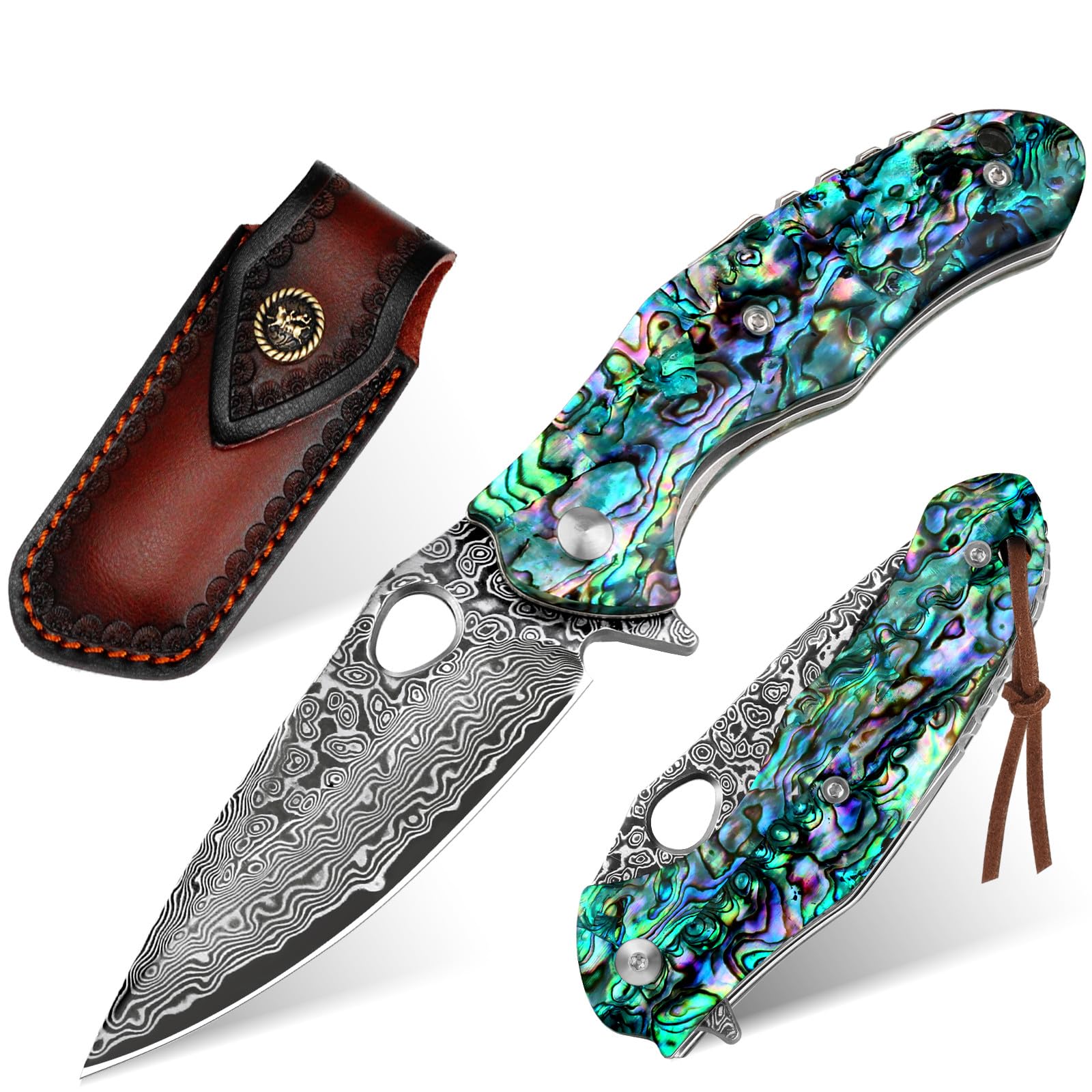 BenkeyDamascus Pocket Knife, Sharp VG10 Core Damascus Steel Folding Knives with True Abalone Shells Handle, Leather Sheath, Ball Bearing, Liner Lock, Lightweight Damascus Knife for EDC Men Women