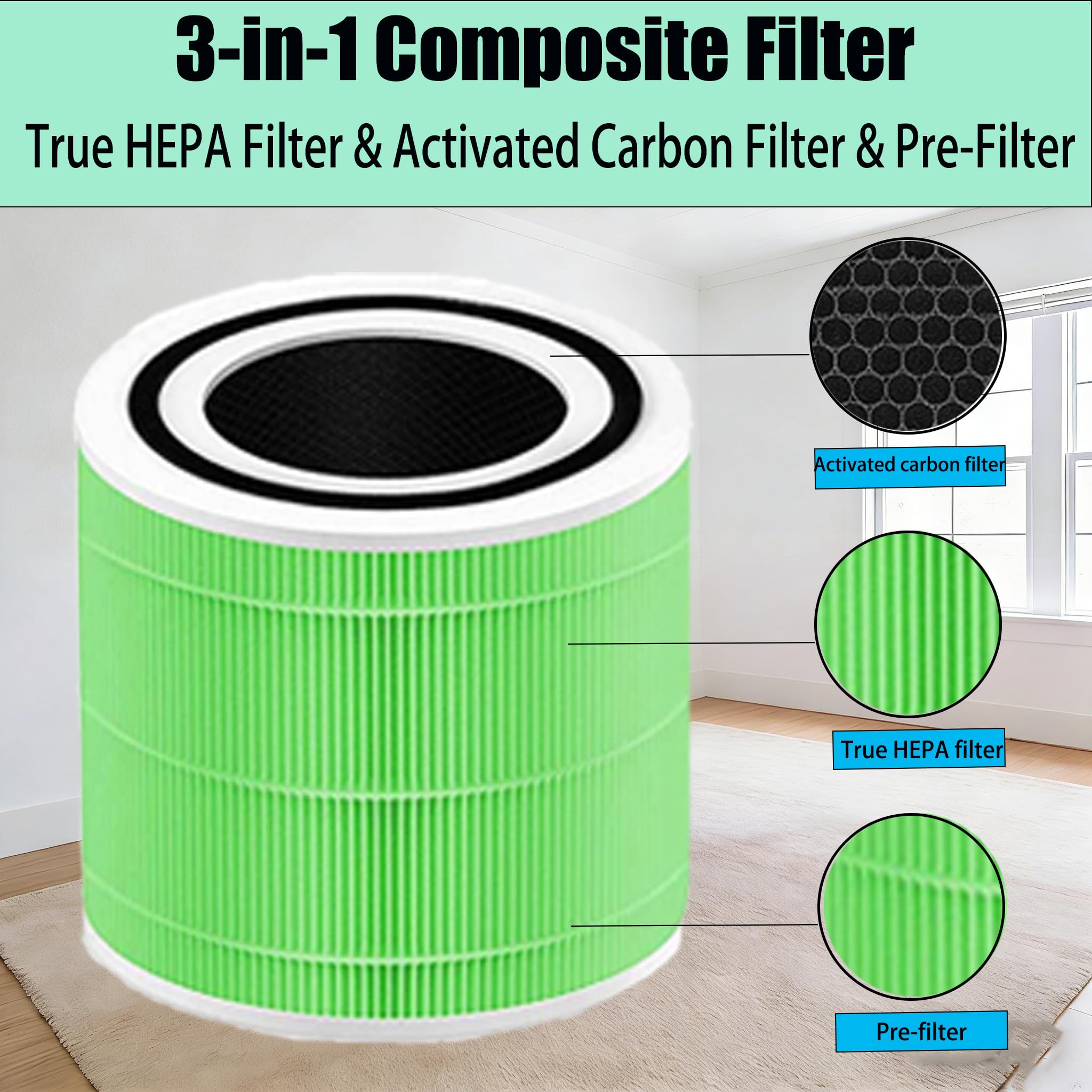 Core 300 Lot de 2 filtres anti-moisissures et bactéries compatibles avec purificateur d'air LEVOIT Core 300/Core 300s, filtre composite HEPA 3 en 1, pièces de rechange Core 300-RF-MB, vert