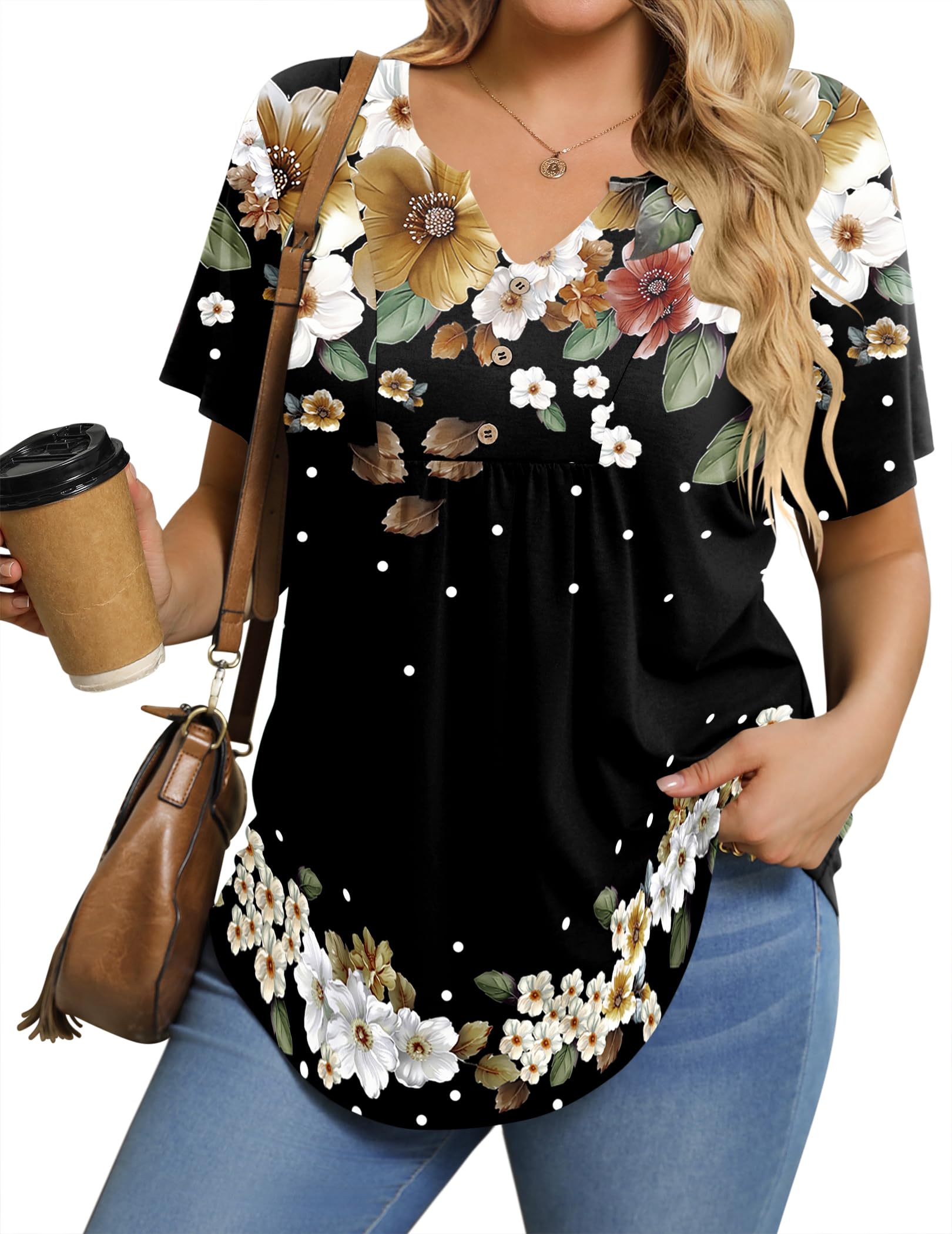 IN'VOLAND Womens Plus Size Tunic Top Summer Short Sleeve T-Shirt V-neck Button Up Dressy Blouse Casual Pleated Pullover 1X-5X