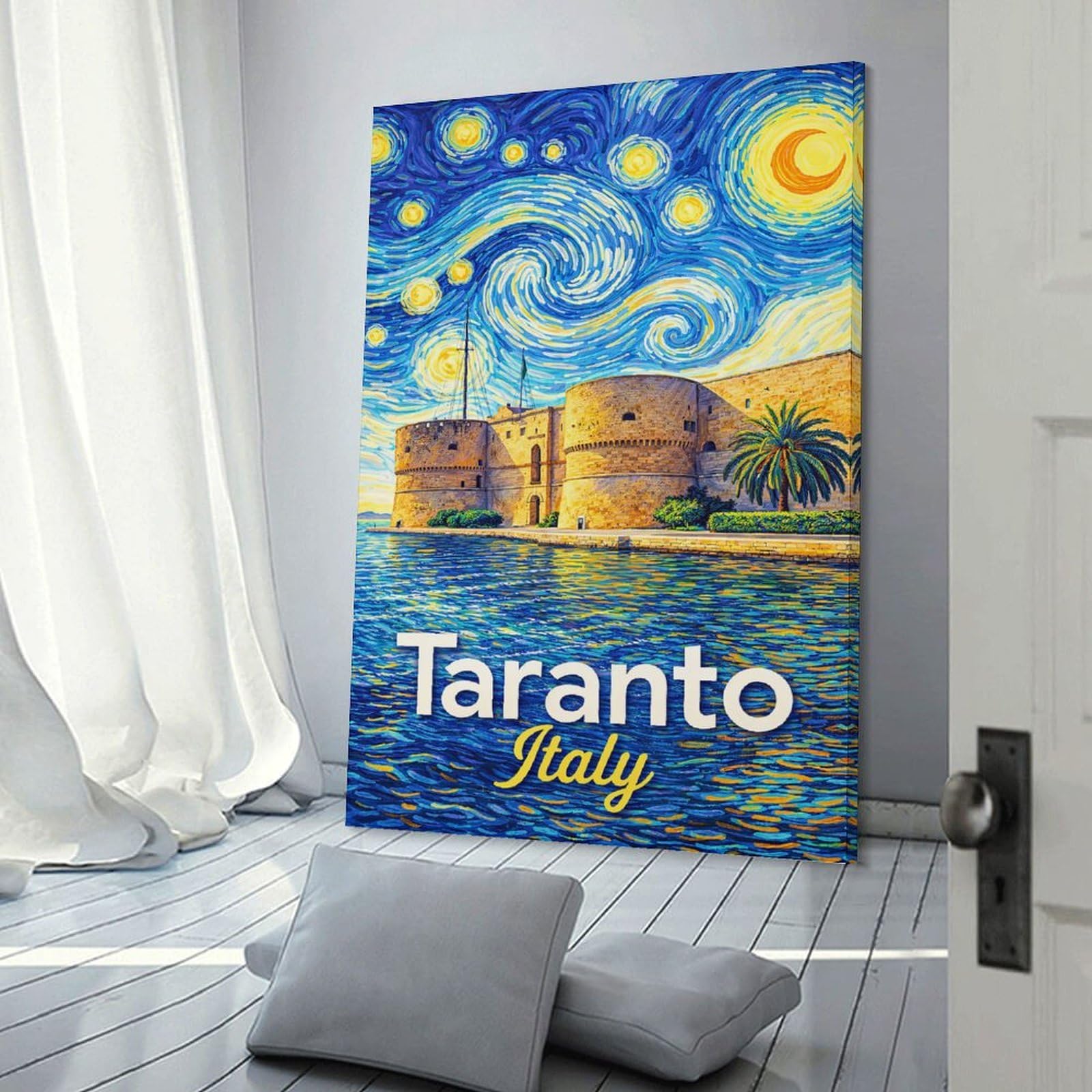 Junmoney Taranto Italy Starry Night Painting Home Decor Wall Art 24x36inch(60x90cm), for Home, Office, Studio Or Guest Room, Canvas Wall Art That Fits Changing Layouts