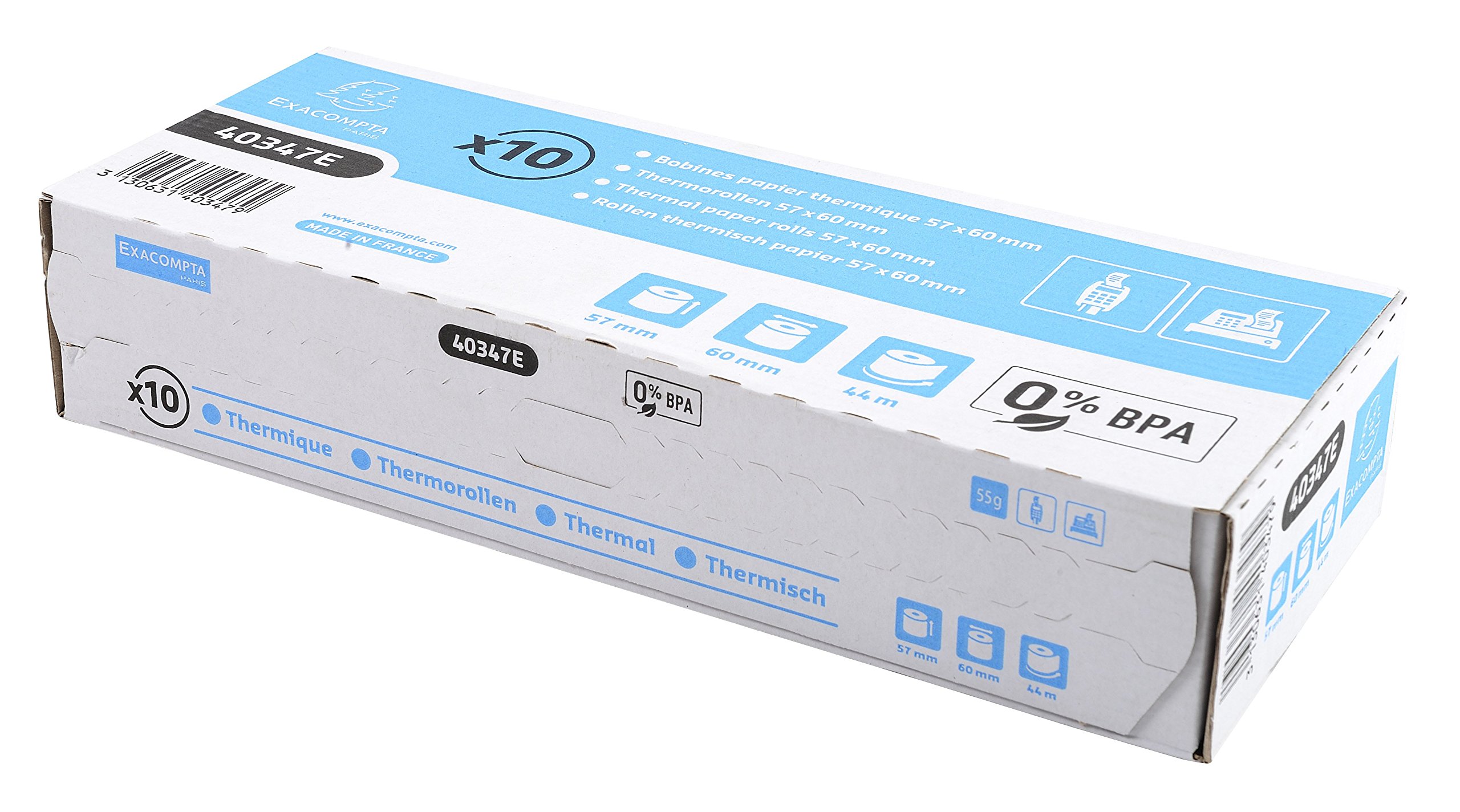 Exacompta - Réf. 40347E - Paquet de 10 bobines pour tickets de caisse et carte bancaire 57x60 mm - 1 pli thermique 55g/m² sans BPA - Diamètre 60 mm - Métrage (+ ou - 2m) : 44 m (Lot de 2)