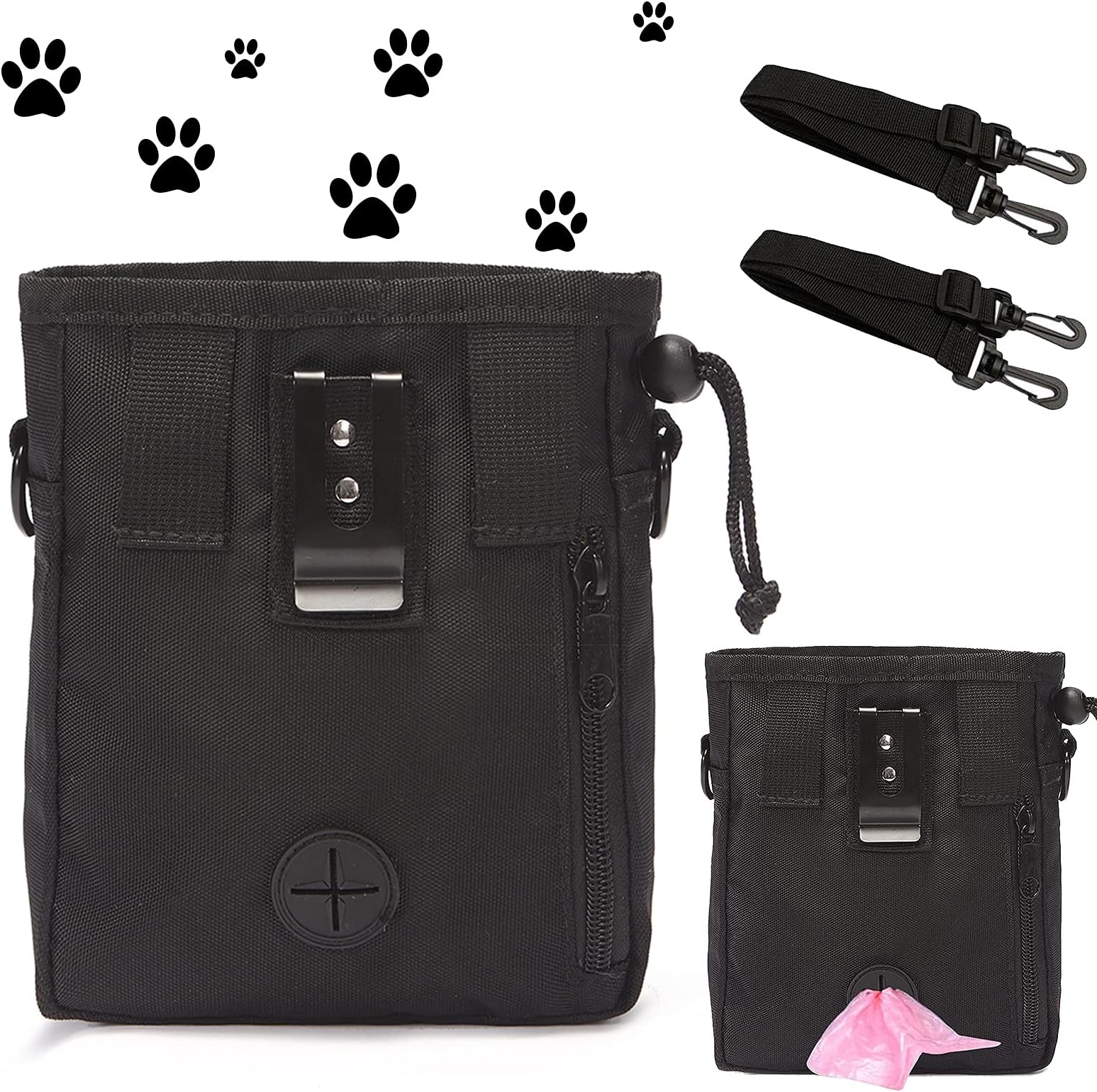 Dog Food Bag, Premium Dog Treat Bag with Adjustable Waist / Shoulder Strap, Easy Storage for Food, Pet Toys and Training & Puppy Education (Black)