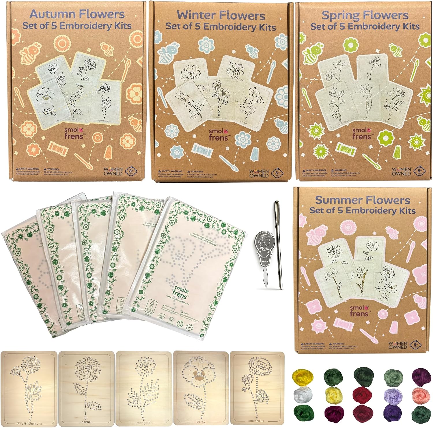Smol Frens Flower Embroidery Kit Party Favor Bundle, 20 Learn-to-Stitch Wooden Craft Boards, All 4 Seasons, Plastic-Free Sewing Kits for Kids Ages 8+, Birthday & Classroom Crafts