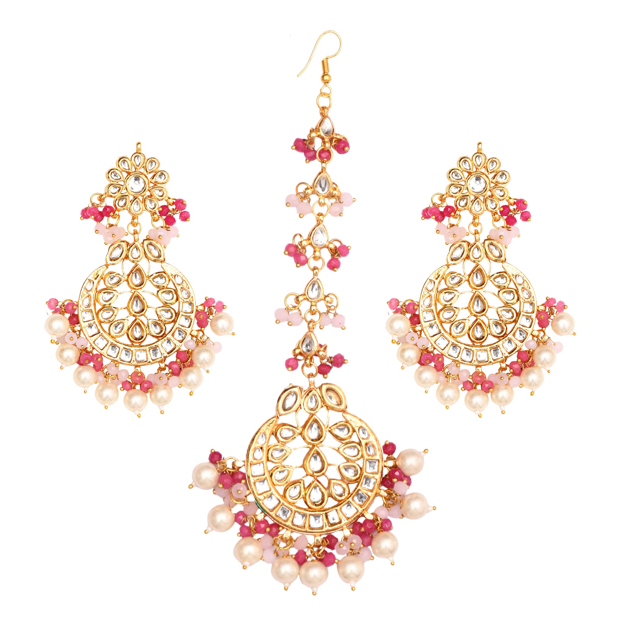 FEMIZEN Pearl & Pink beaded Kundan Handcrafted Mang Tikka with earrings for Women's
