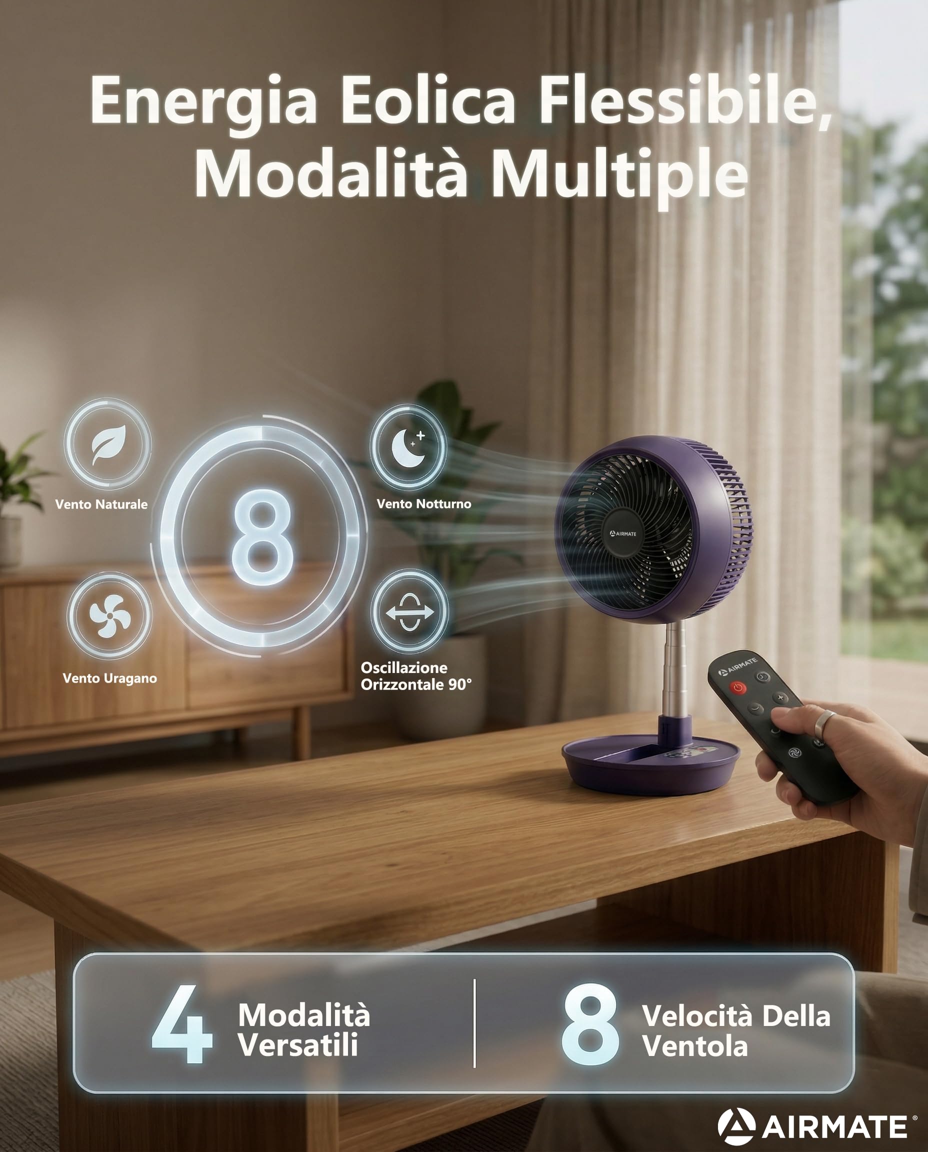 AIRMATE 63CM Ventilatore a Piantana con Telecomando, Ventilatore da Tavolo Silenzioso Pieghevole e Altezza Regolabile, 90°+180°Oscillante, 8 Velocità, Timer, Ventilatore Potente per Scrivania e Camera