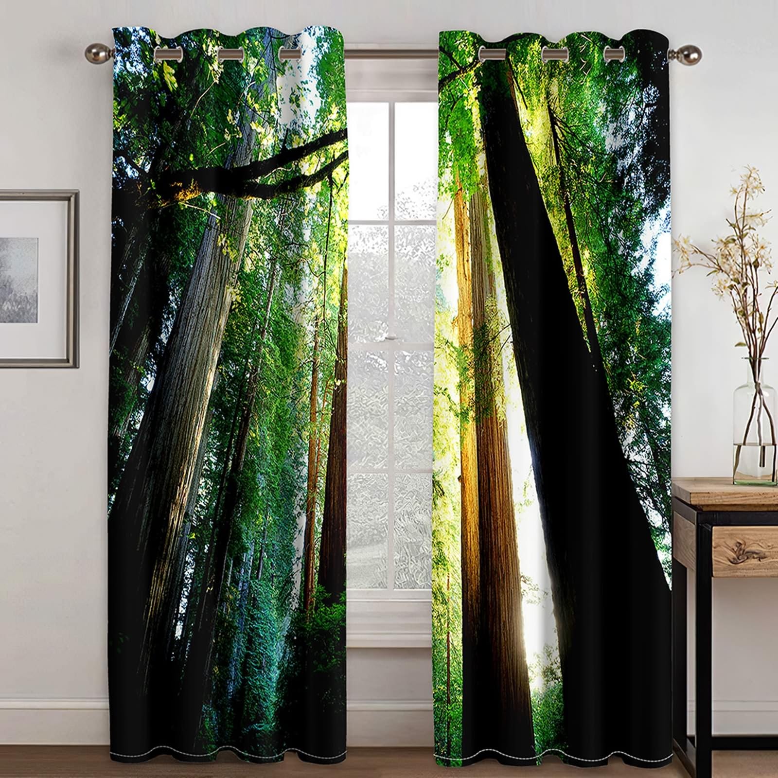 Rideaux Occultants 2 Panneaux, Rideau Salon Moderne à Oeillets Paysage de Arbres Sul Le Soleil Fenêtre Rideaux pour Chambre Salon Decor Intérieurs, 137x214 CM(LxH), Vert Marron
