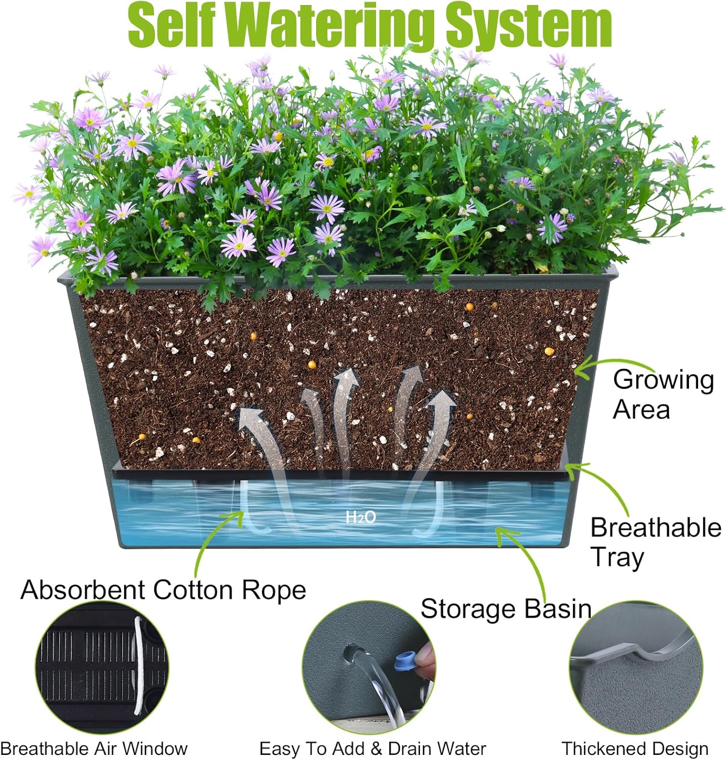 Window Box Planter 6 Pcs, 12.6 Inches Self Watering Rectangle Flower Plant Pots with Drainage Holes & Breathable Trays, Vegetable Planters for Windowsill Patio Garden Balcony Porch Yard (Dark Green)