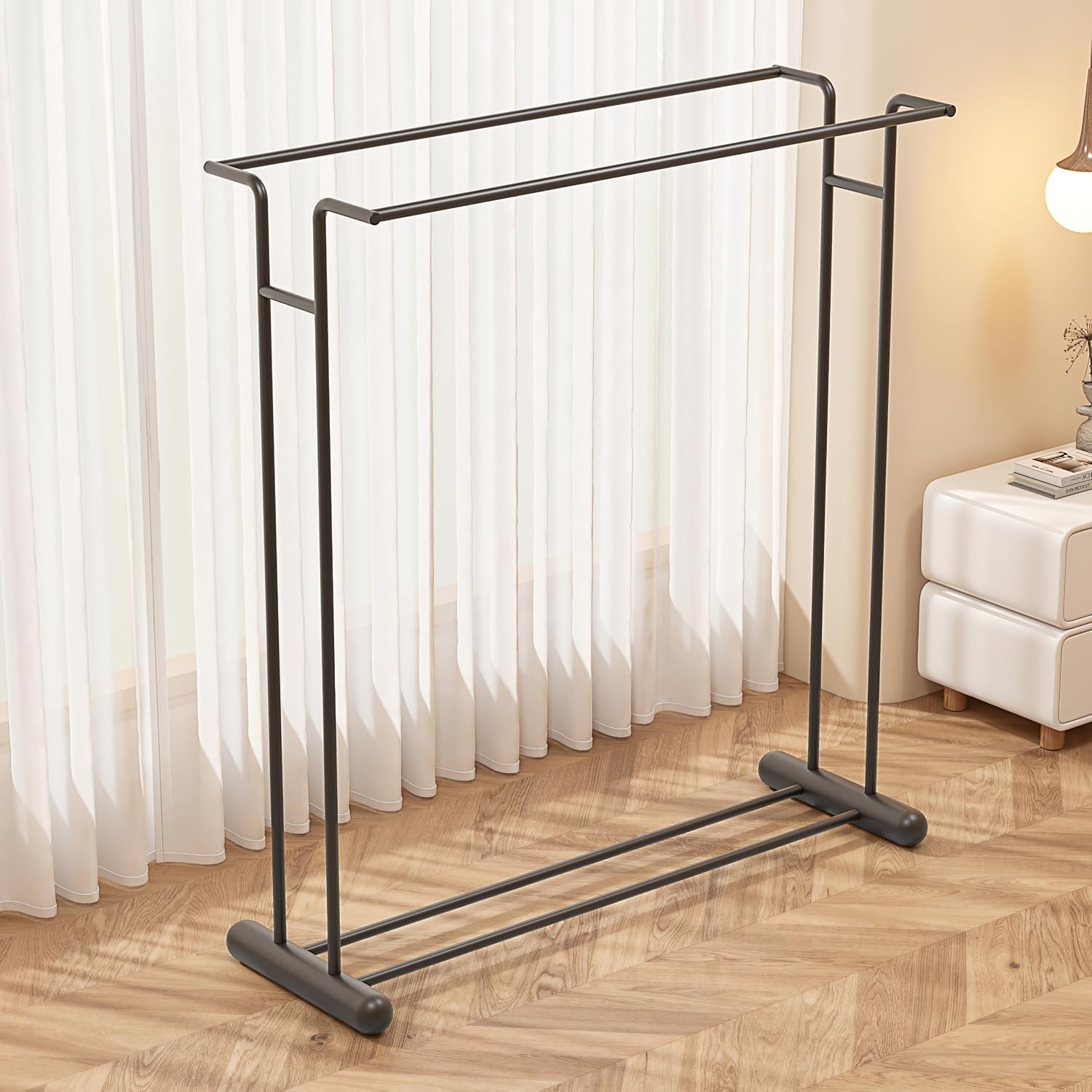 HKaikzo 59.4" Double Rod Metal Garment Rack, Heavy Duty Freestanding Clothing Rack with Bottom Shelf, Modern Sturdy Clothes Rack for Bedroom, Boutique Retail Display & Laundry Room Black