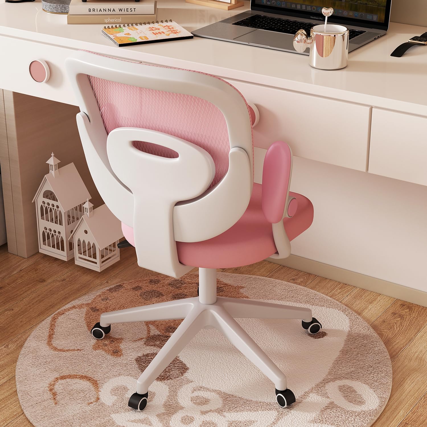 Silla de escritorio para niños y niñas con reposabrazos ajustables, silla de escritorio para niños con ruedas, silla de computadora para niños, silla de estudio de oficina para niños (rosa) 3
