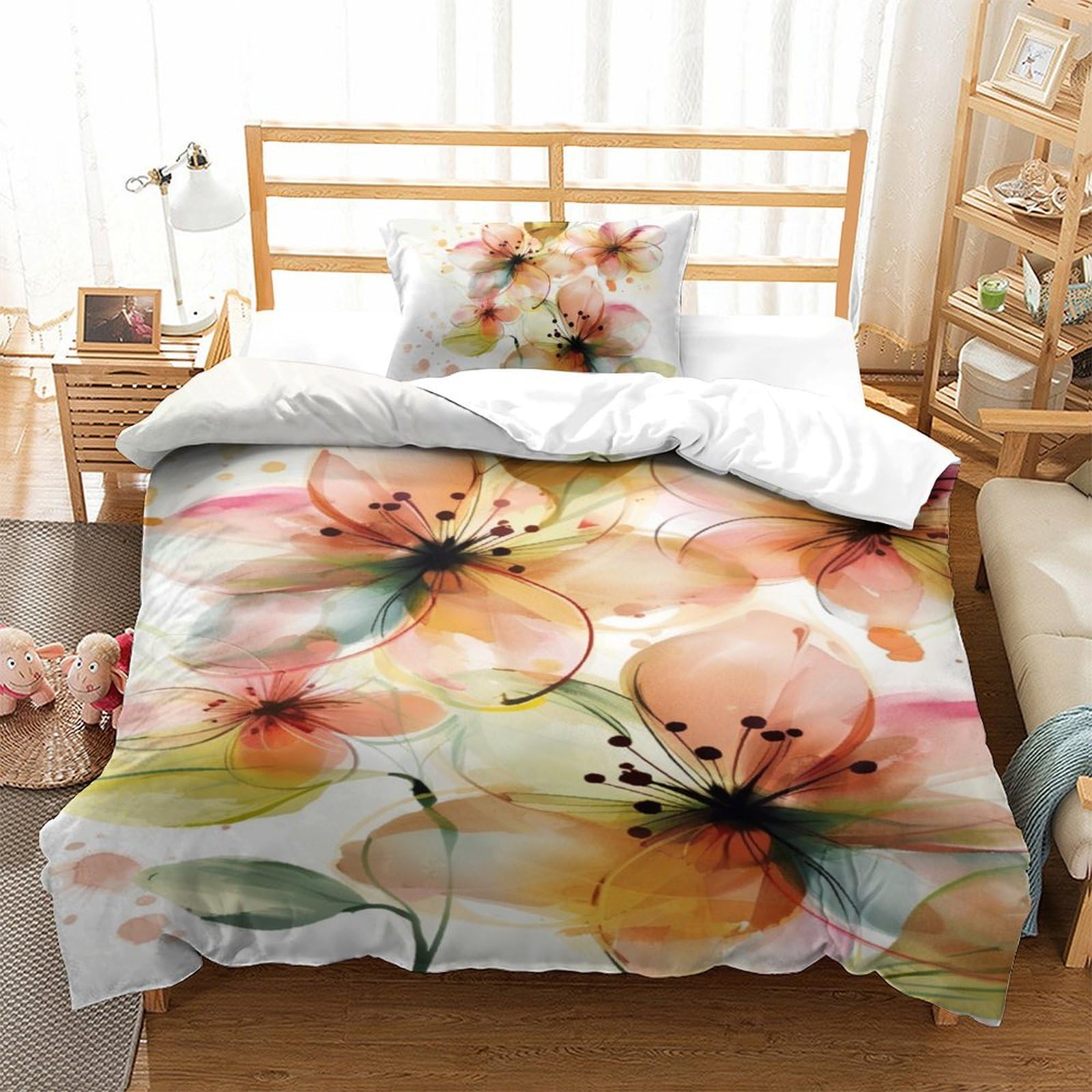 Housse de couette fleurs aquarelle anti-transpiration en microfibre douce