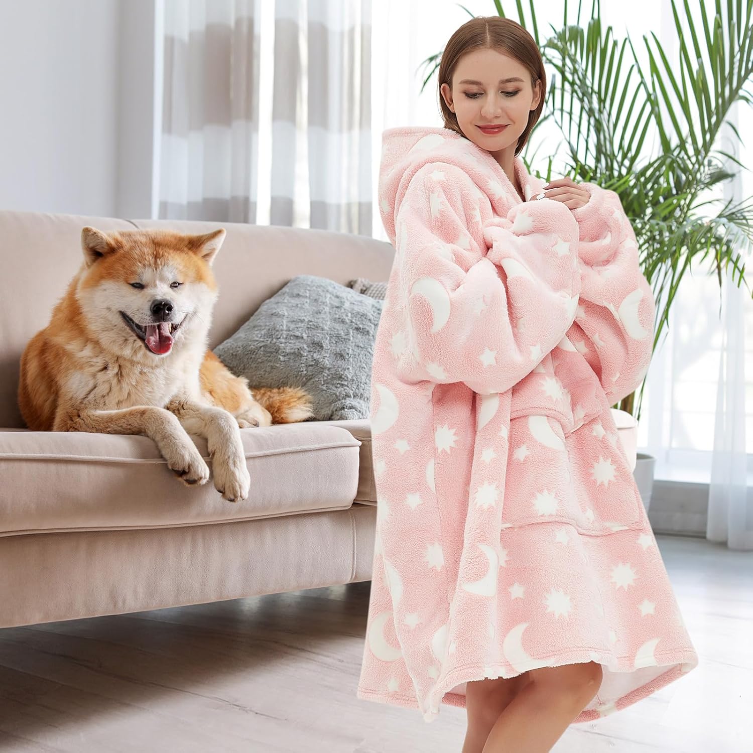 Fiosnow Glow in the Dark Star and Moon Blanket Hoodies for Women and Men Adult Fleece Sherpa Oversize Wearable Blanket Hoodies for Soft and Warm - Image 3