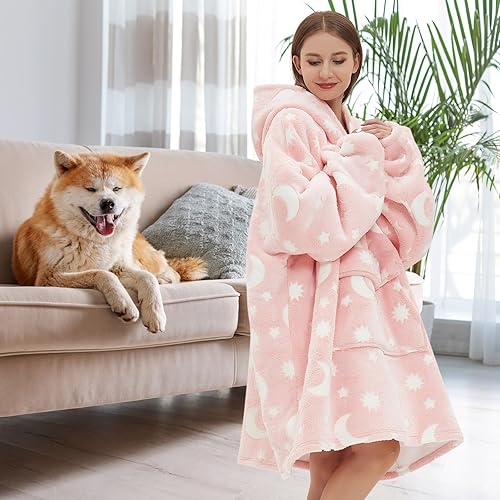 Miniatura 3 de Fiosnow Manta con capucha que brilla en la oscuridad con capucha de estrellas y luna para mujeres y hombres adultos de forro polar Sherpa de gran