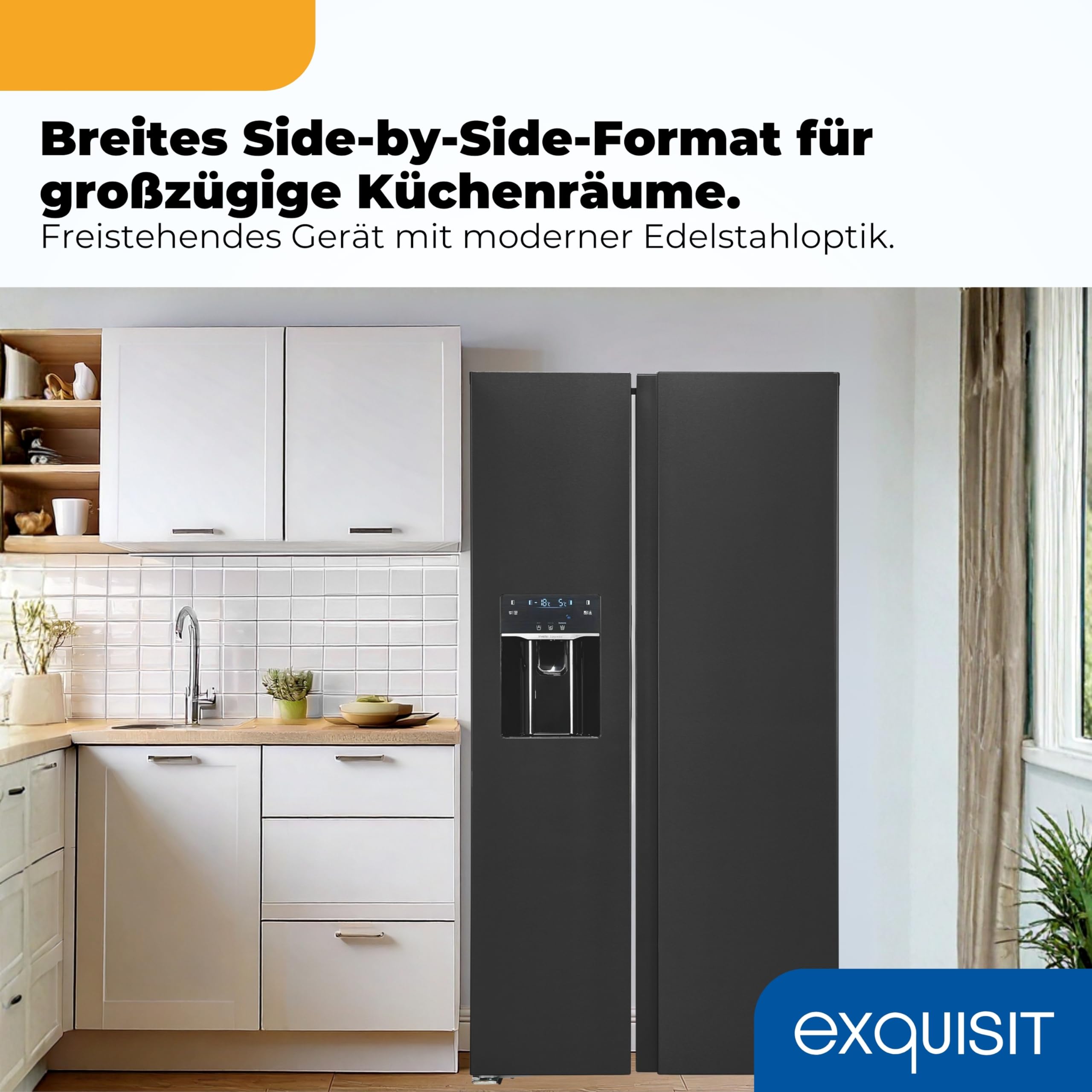Exquisit Side-by-Side Kühlschrank 513 l, No Frost, Wasserspender | Ice-Maker, Energieklasse E, 39 dB, Inox-Look – 177,5 x 91,0 x 66,0 cm, wechselbarer Türanschlag