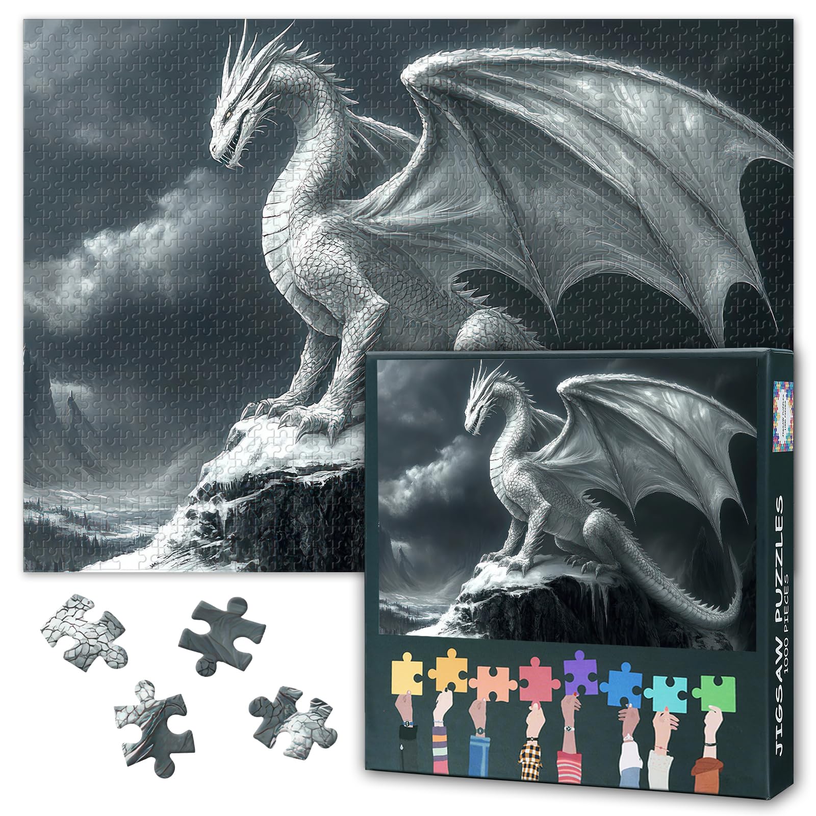 Puzzles for Adults 1000 Pieces, Majestic White Dragon Jigsaw Puzzles, Stormy Sky Adult Puzzle for Adults, Educational Fun Games or Toys for Elders Friends 20X27 INCH