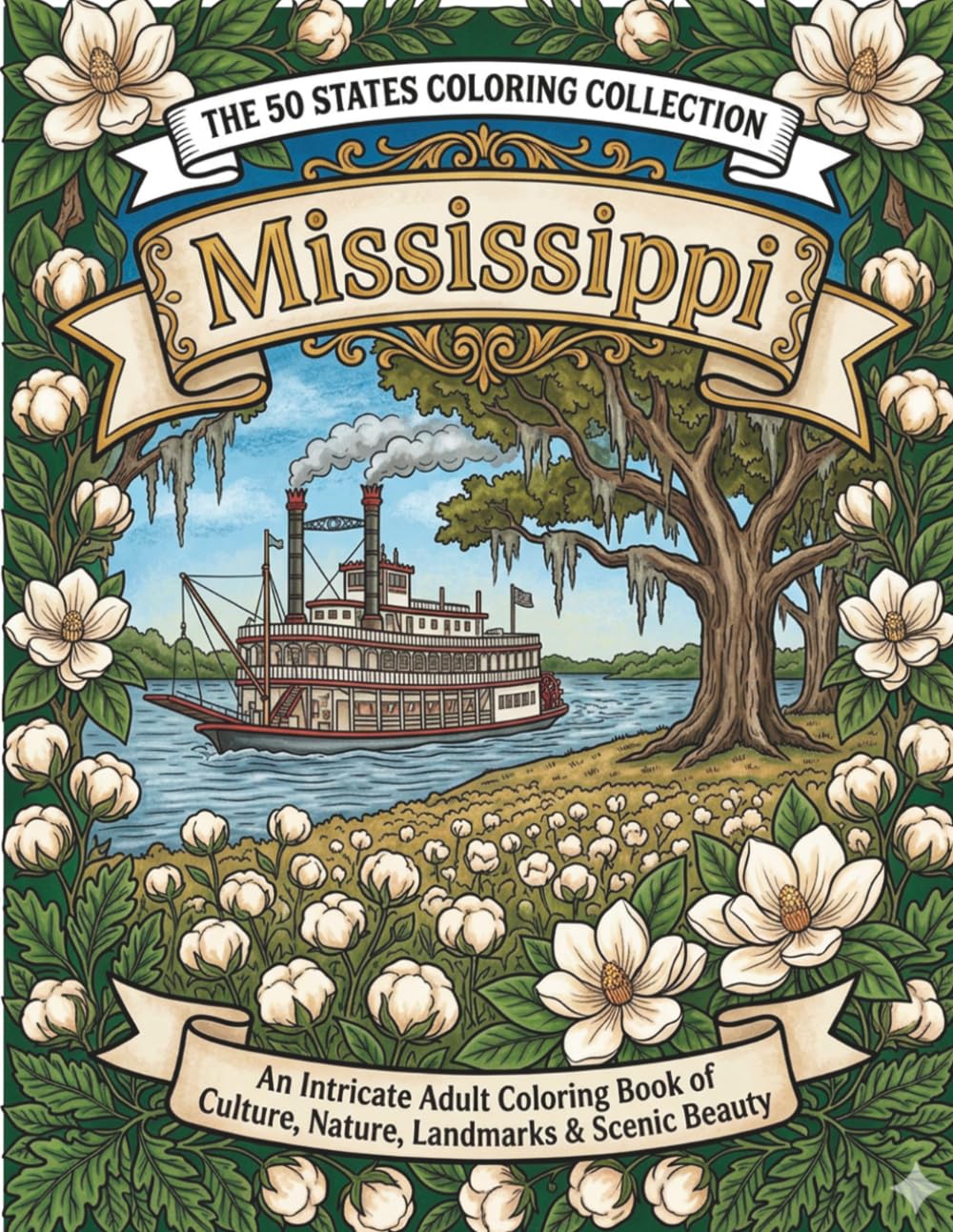 Mississippi Coloring Book for Adults and Teens: Riverboats, Blues Music, Gulf Coast Scenery, Southern Wildlife, Historic Landmarks and Magnolia State Traditions