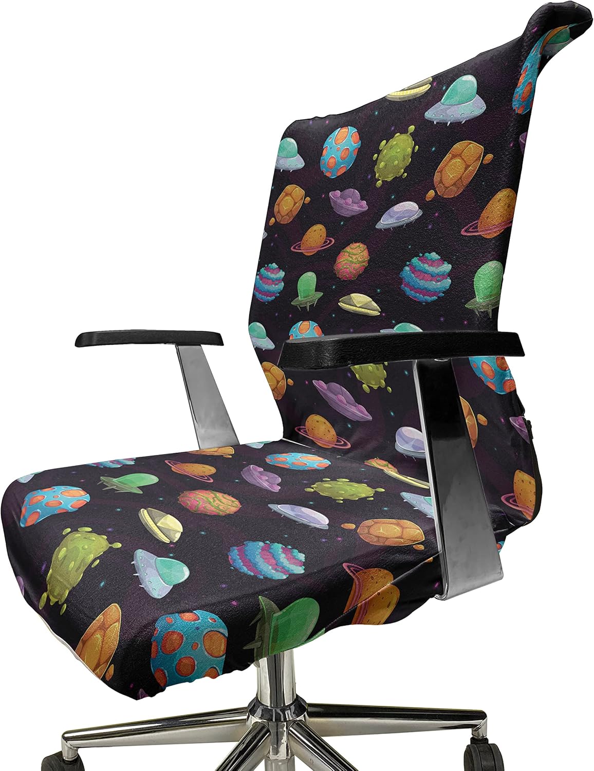 Ambesonne Space Office Chair Cover, UFOs and Planets Gas Giant Alien Environments Science Fiction Elements, Stretchable Decorative Universal Size High Back Printed Slipcover, Black Blue