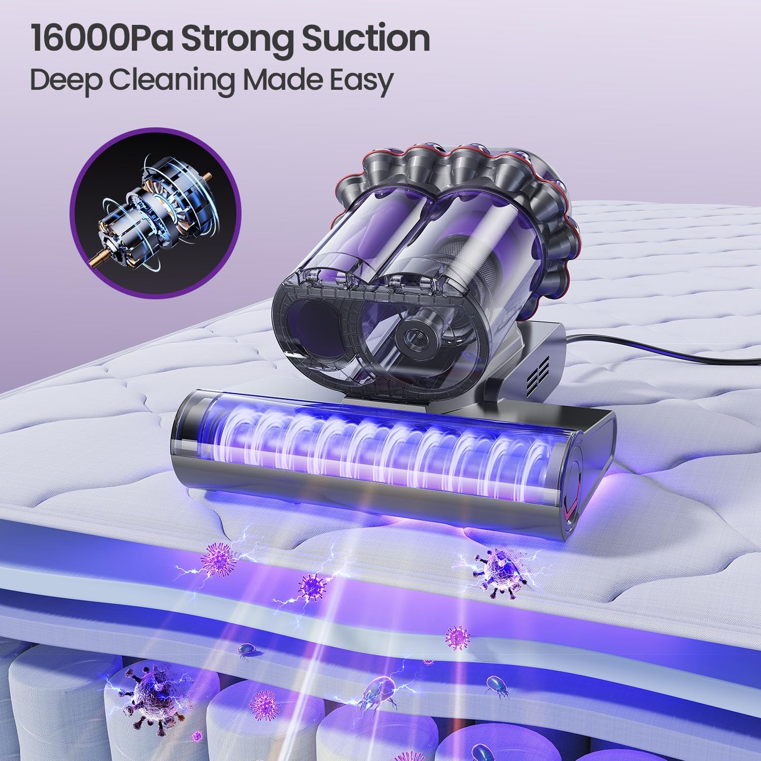 Xlife Mattress Vacuum, Bed Vacuum Cleaner with 2 Roller Brushes for Pet Hair, 253.7nm UV-C Light, 140F° Heating, 550W 16KPA Suction, HEPA Filter Couch Vauum for Bed, Sofa, Pillow, Baby Crib (Corded)