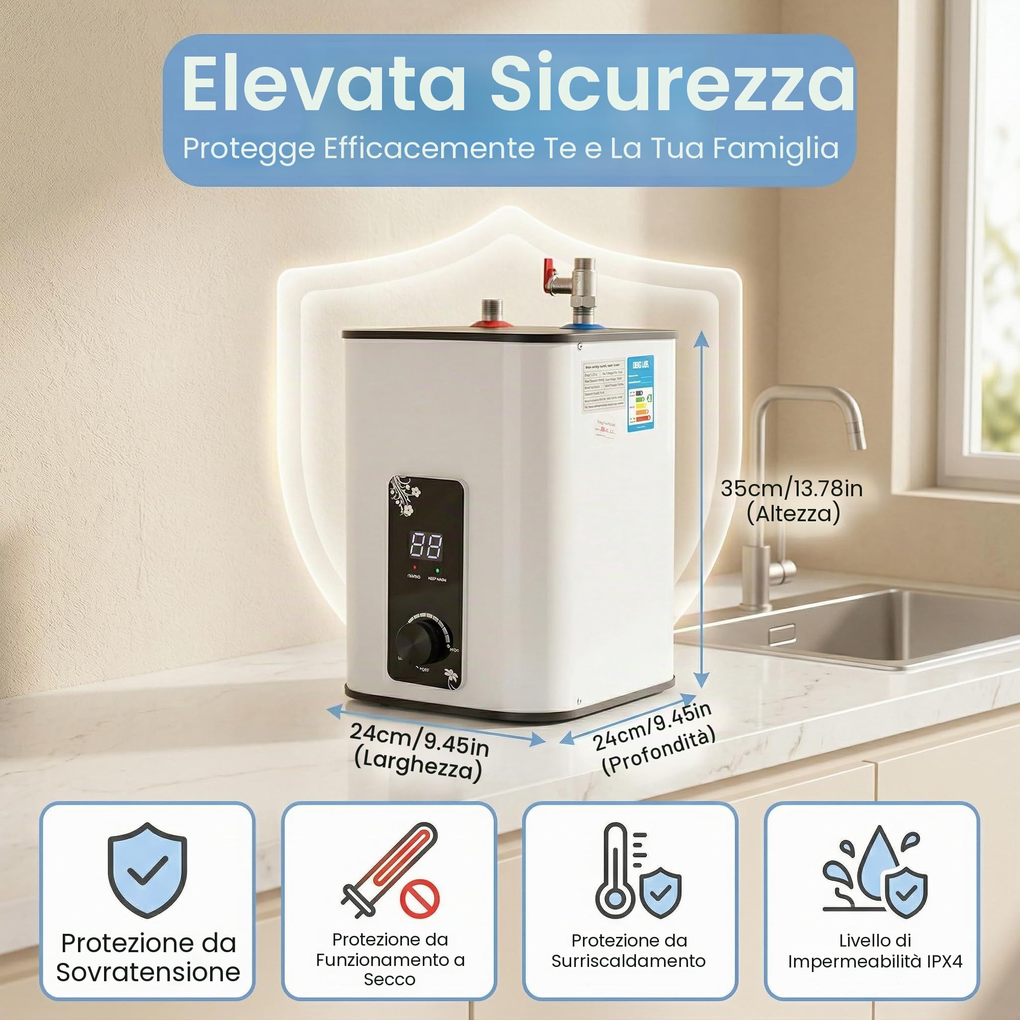 Scaldabagno sottolavello - 8 l - Serbatoio di acqua calda resistente alla pressione - 1500 W - Con display LED - Temperatura regolabile da 0 a 65 °C - Per lavabo, cucina e bagno - Bianco - 220-240 V