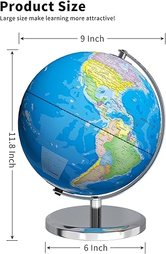 Miniatura 7 de Waldauge Globo del mundo iluminado de 9 pulgadas con soporte, globos educativos para el aprendizaje de los niños, detalles coloridos del mapa del