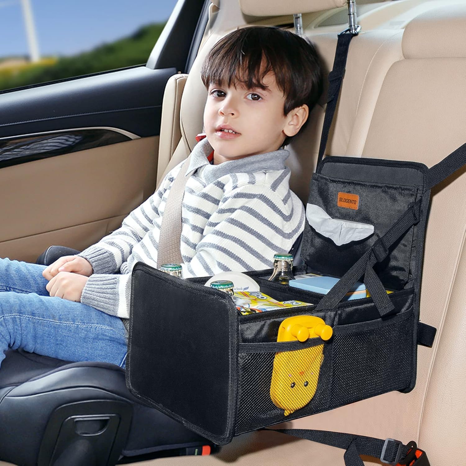 Kids Car Organizer Backseat- Easy-to-Reach Car Organizers and Storage for Back Seat Between Seats with Tissue Box and Side Pockets, Car Travel Accessories for Baby Long Trips with cup Holders