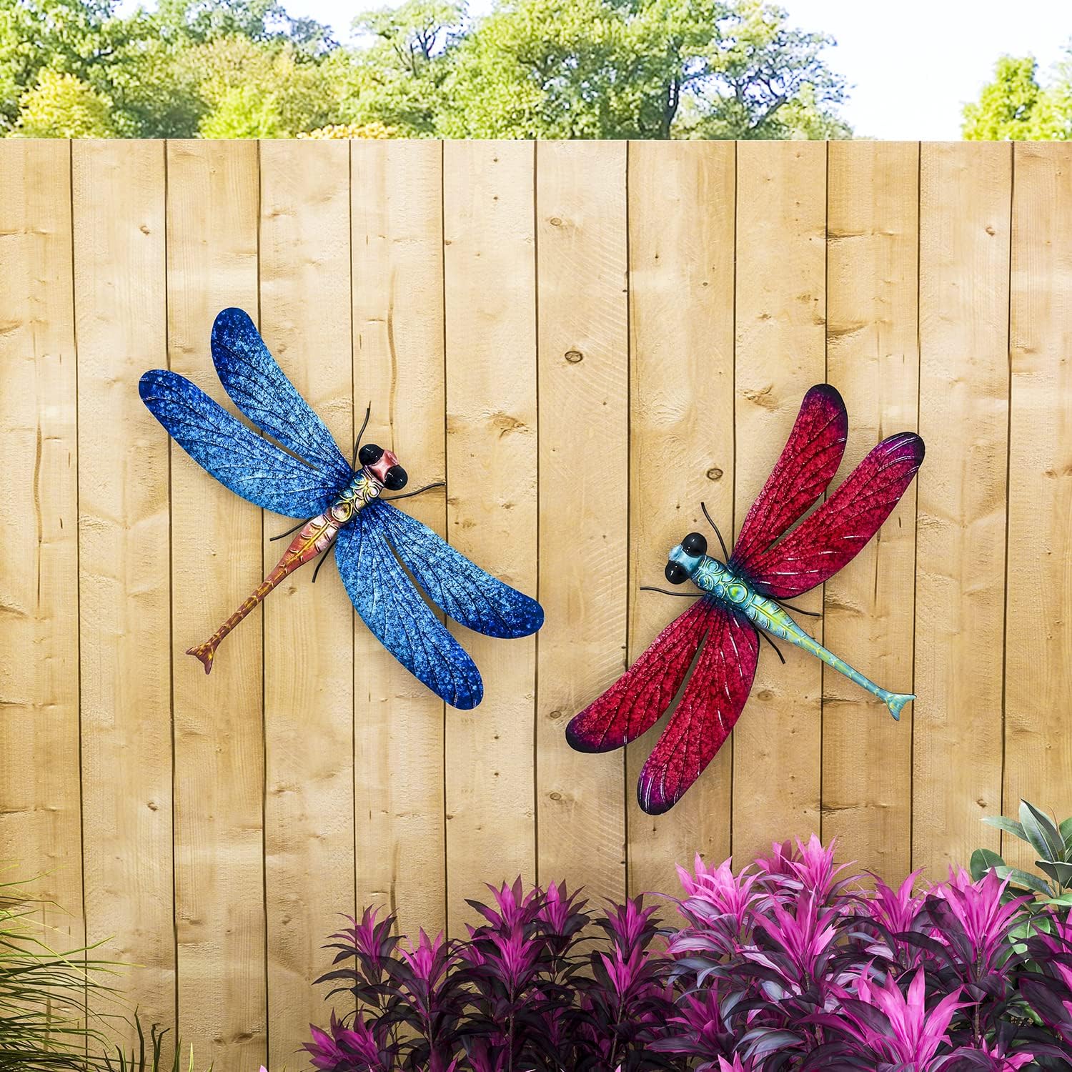 Metal Dragonfly Garden Art Decorations,-17.5 inches Outdoor Hanging Wall Decor Sculptures for Home Garden Yard (2 Pack) Dragon Flies for