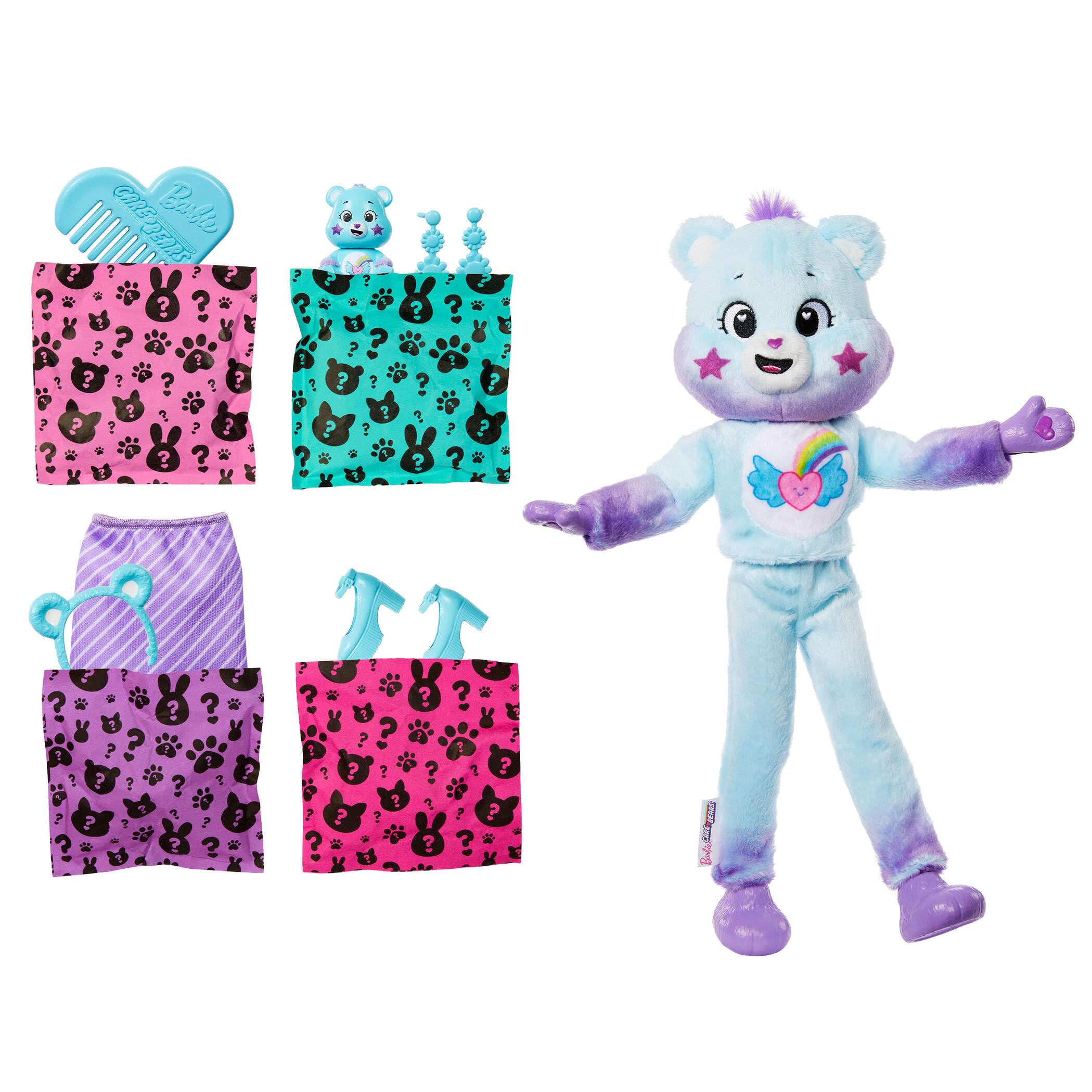 Barbie Cutie Reveal Care Bears Serie 2 Dream Bright Bear Muñeca y accesorios con 10 sorpresas, incluye cambio de color y un osito en miniatura, JFV61