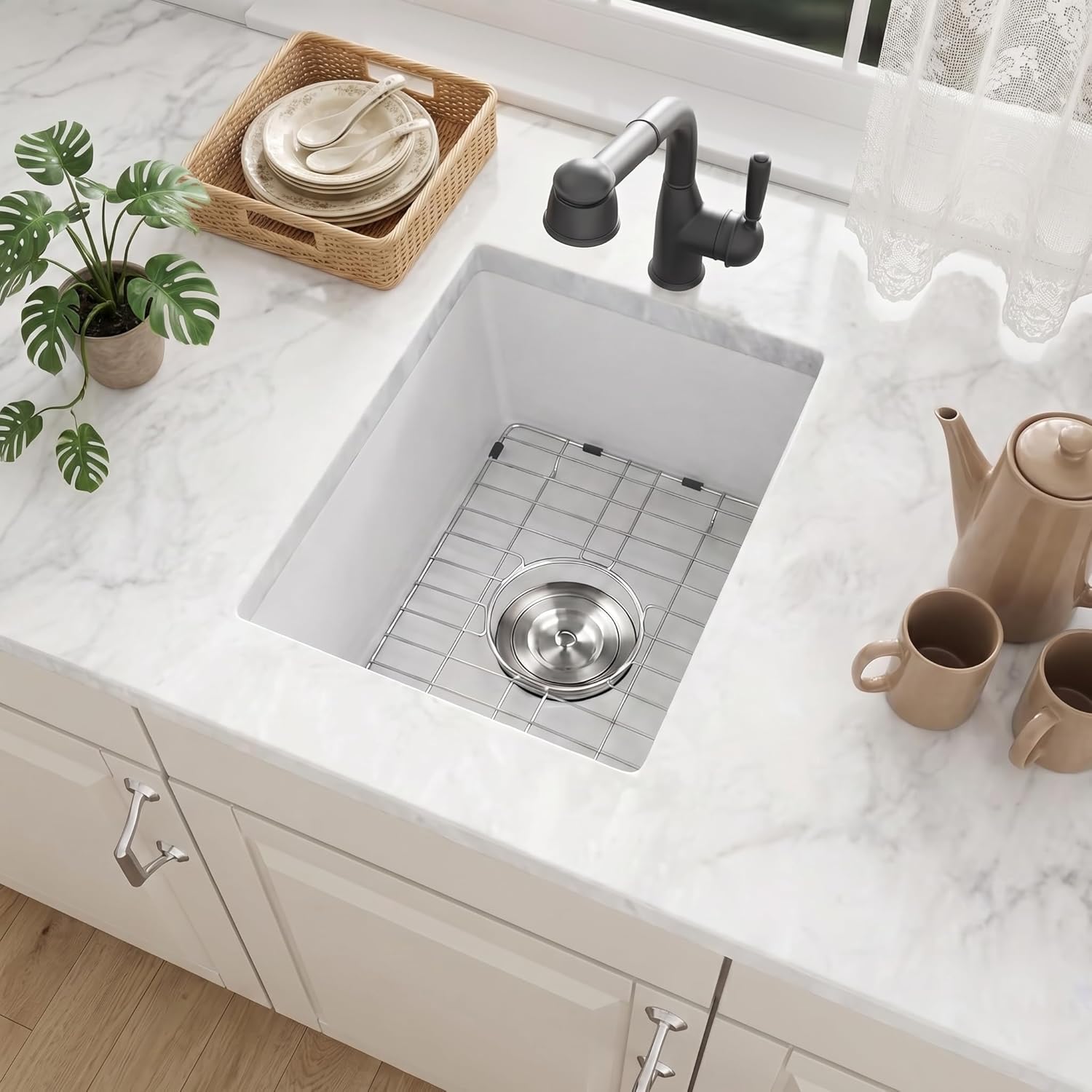 MILOSEN White Bar Sink 13×15 Inch, Undermount & Drop-In Single Bowl Granite Composite Wet Bar Prep Sink, 9'' Deep Small White Sinks for Kitchen, Laundry Room with Custom Accessories