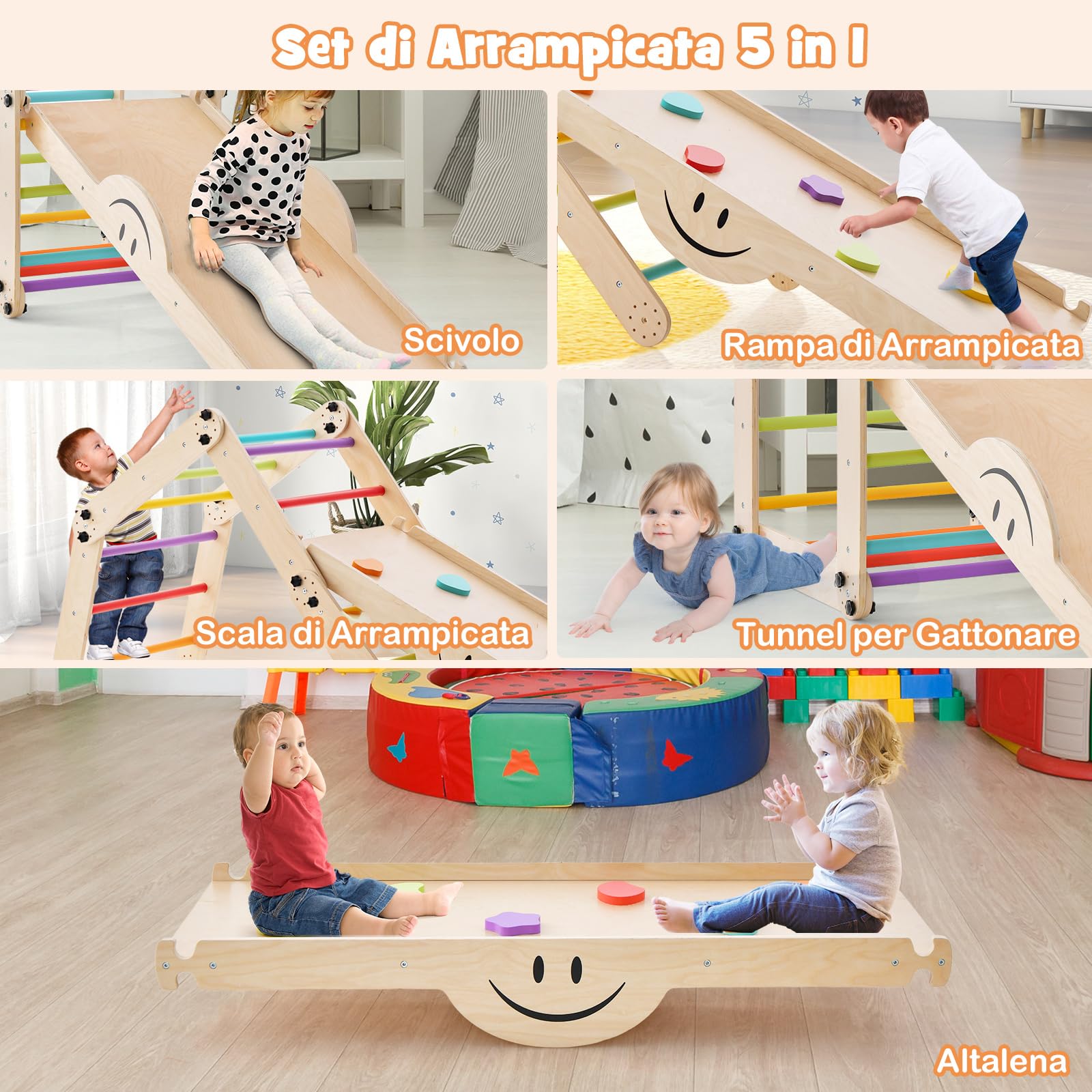 COSTWAY 5 in 1 Set da Arrampicata per Bambini, Giochi da Arrampicata Pieghevoli in Legno con Rampe Regolabili e Reversibili, Scala da Arrampicata per Bambini 3+ Anni (Colorato)