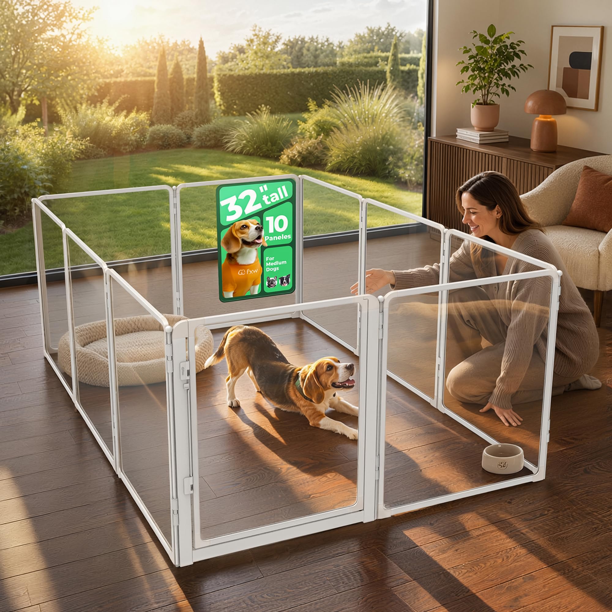 FXW AuraSpace Pro Clear Acrylic Indoor Dog Playpen, 32" H, 10 Panels