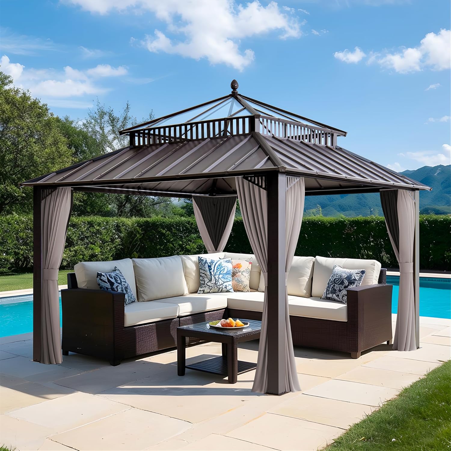 SUNJOY Kingston 12' x 12' Hardtop Gazebo with Galvanized Steel/Polycarbonate Double Roof, Curtain and Netting, Brown Aluminum Posts Permanent Pavilion Gazebo for Garden, Patio, Deck, Lawn