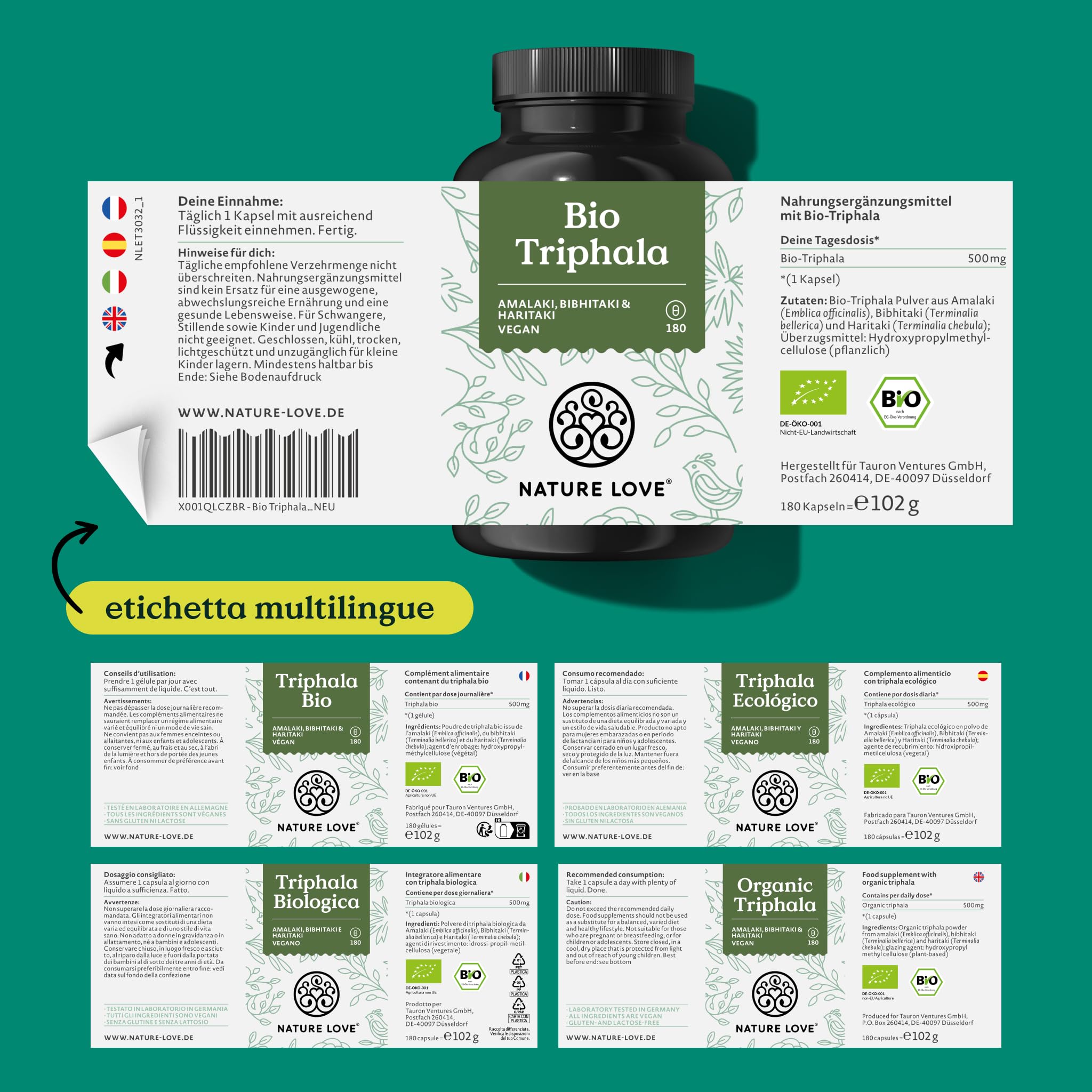 NATURE LOVE® Triphala Organic - Alto Dosaggio con 500 mg per Capsula - 180 Capsule - Materia Prima di Qualità dall'India - Testata in Laboratorio e Certificata Biologica, Prodotta in Germania