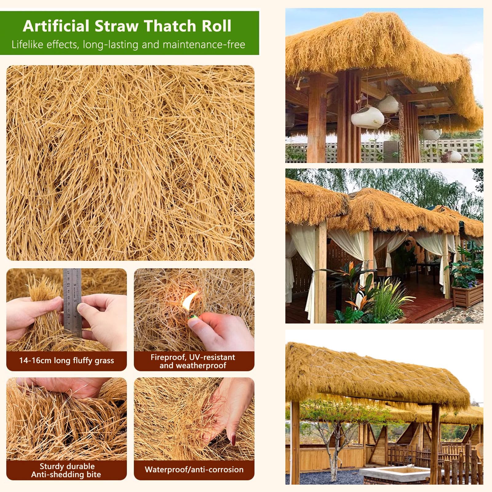 Synthetisches Strohgrasdach Feuerfeste Künstliches Strohrolle für Tiki-bar Hütten Palapa-reetdach Hawaii-Party und Bar Dekoration Gartenzaun Terrasse(Size:1 * 20m(3.2 * 65ft),Color:Gelb)