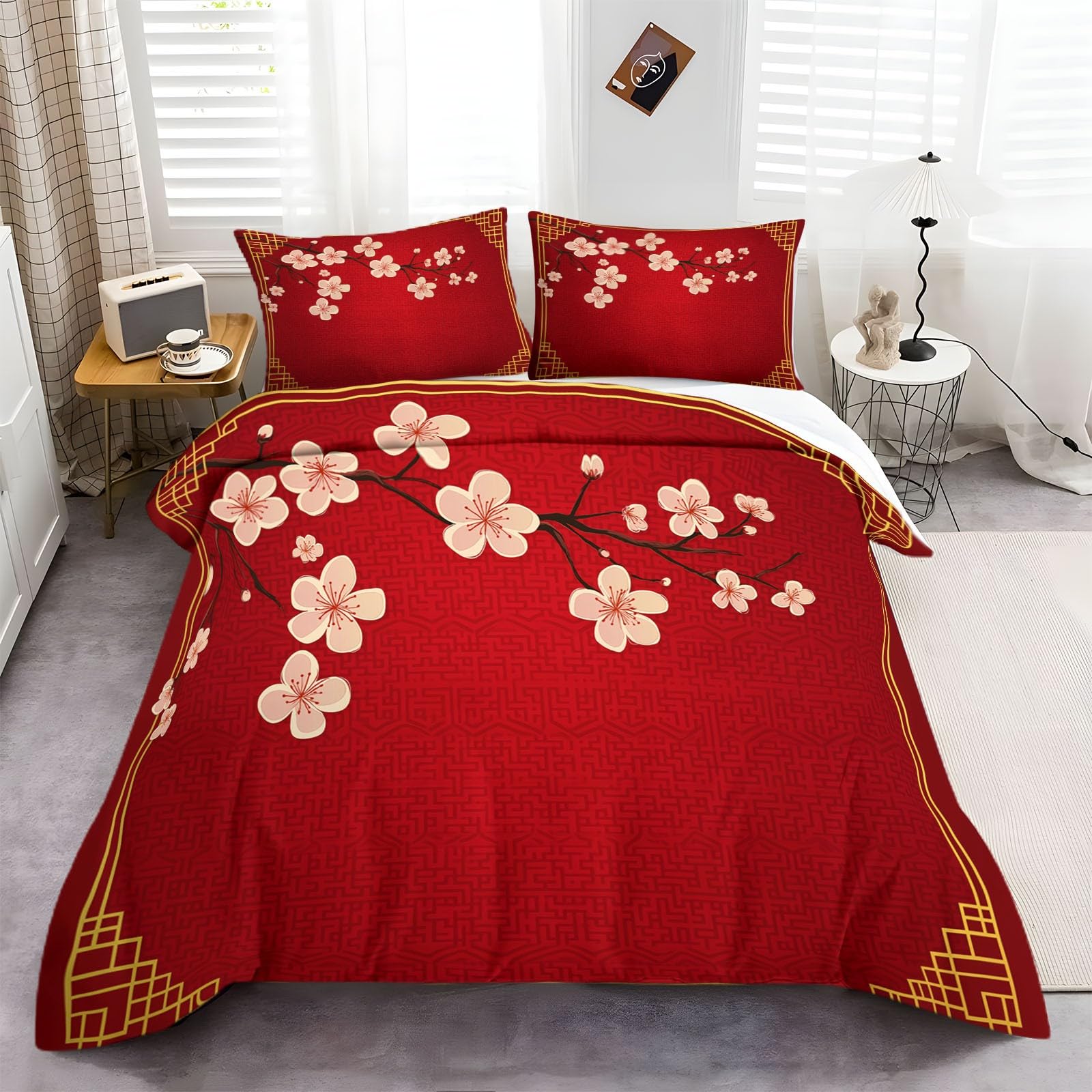 Funda nórdica 150 x 200 cm Rojo, Juego de Ropa de Cama para Flor De Cerezo Japonés 3 Piezas, Incluye 1 Funda nórdica y 2 Fundas de Almohada 50 x 75 cm