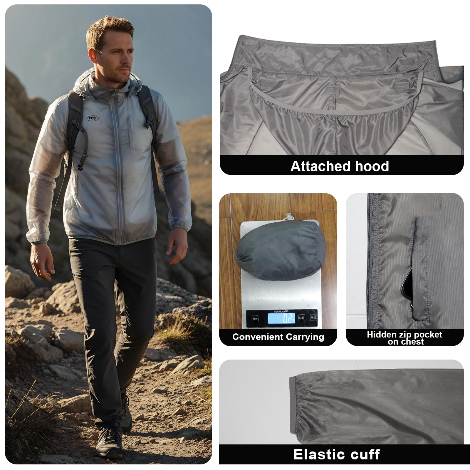 Herren-Fahrrad-Laufjacke, dünn, leicht, verstaubar, mit Aufbewahrungstasche, Windbreaker mit UPF 50+ Sonnenschutz, Outdoor-Mantel zum Wandern, Radfahren, Reisen, 80 g